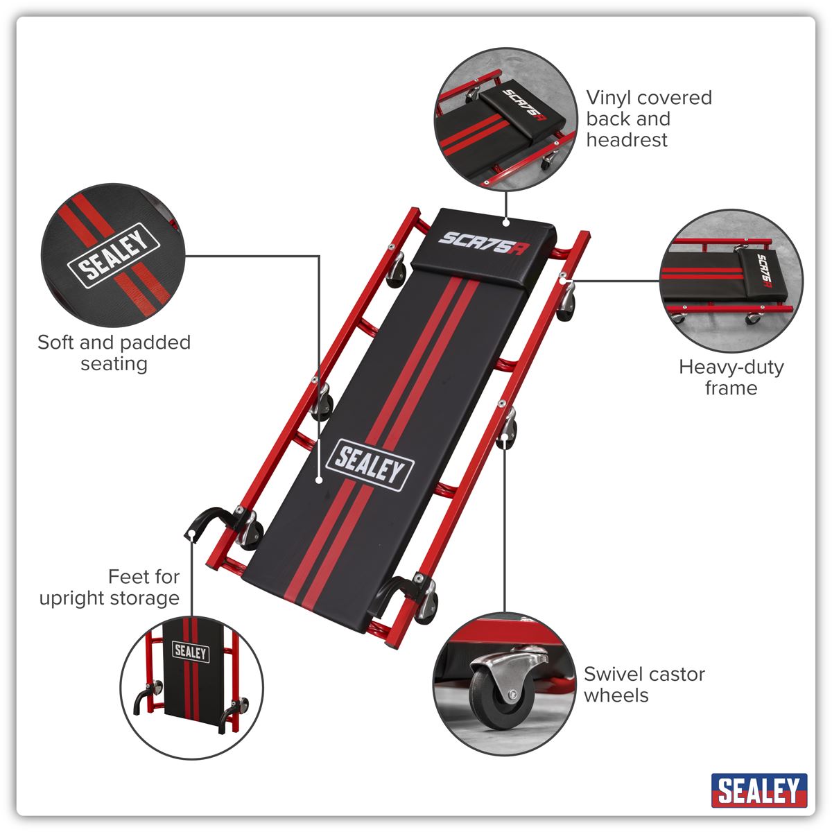 Sealey 36" Deluxe American-Style Creeper with Steel Frame & 6 Wheels - Red