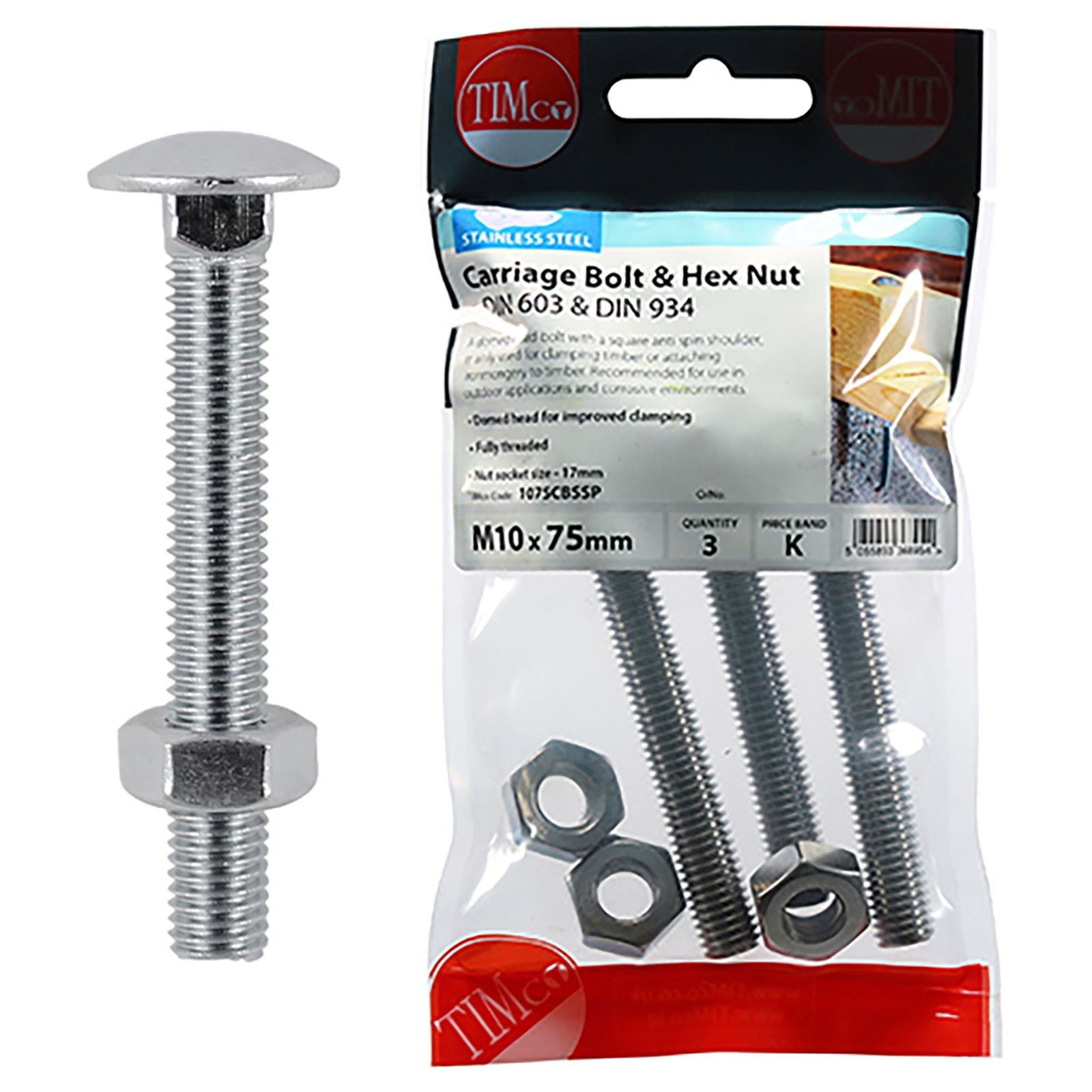 TIMCO Carriage Bolts with Hex Nuts A2 Austenitic Stainless Steel TIMpac M8-M12 - Choose Size