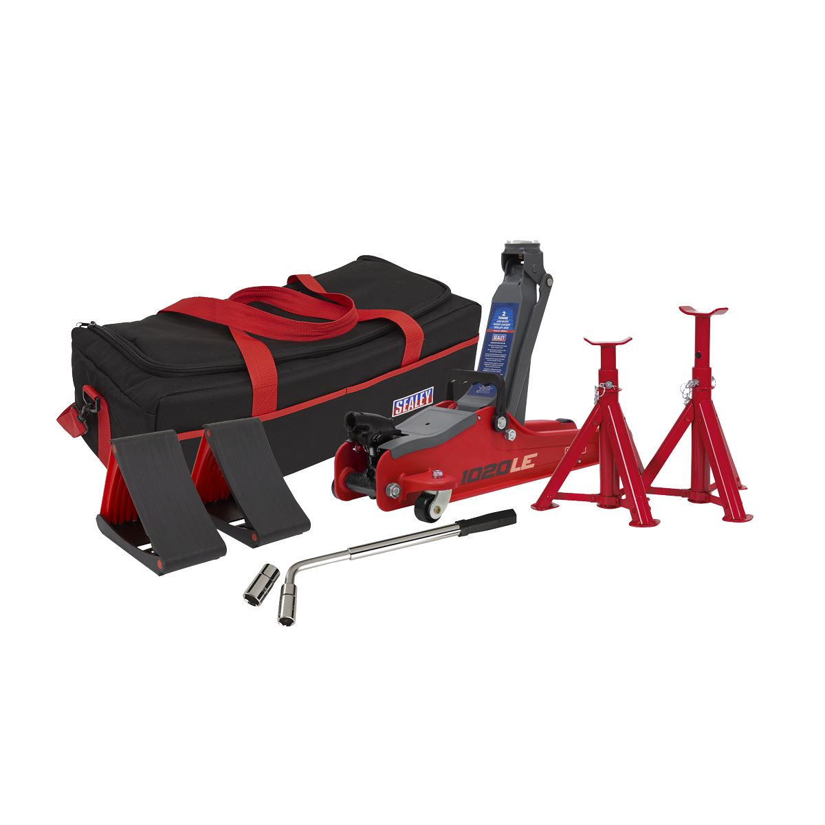 Sealey Low Entry Short Chassis Trolley Jack & Accessories Bag Combo, 2 Tonne - Red