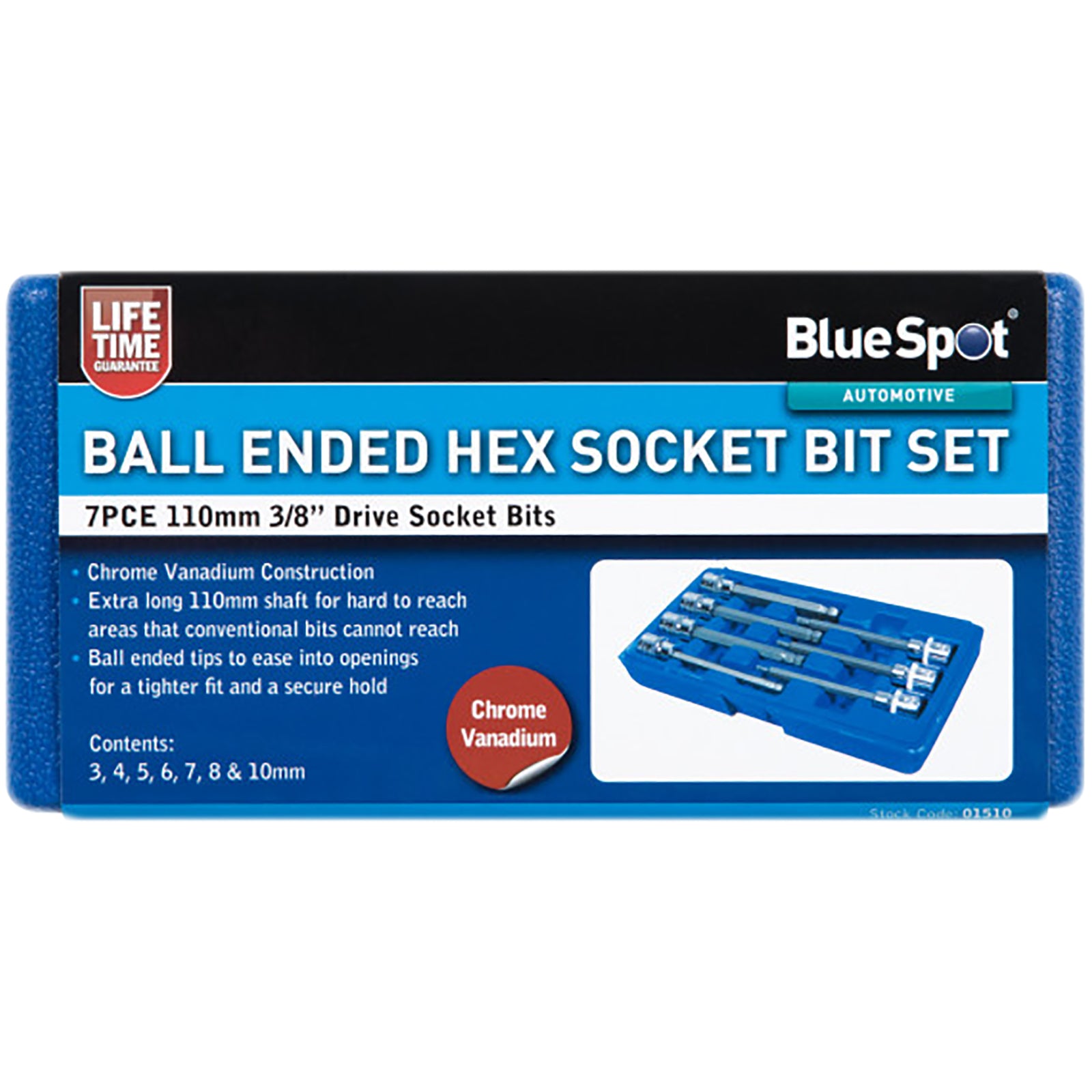 BlueSpot Ball End Hex Socket Bit Set Extra Long 7 Piece 110mm 3/8" Drive 3-10mm