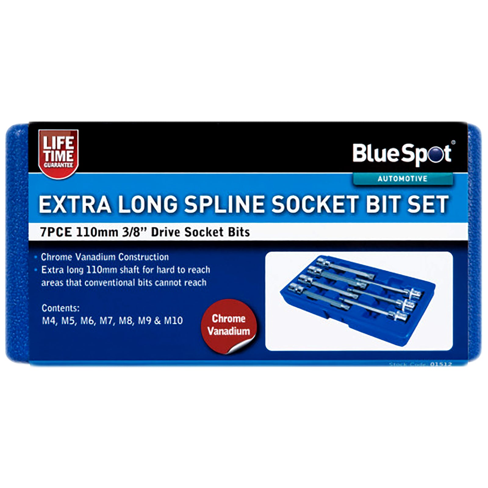 BlueSpot Spline Socket Bit Set 7 Piece 110mm 3/8" Drive Extra Long M4-M10