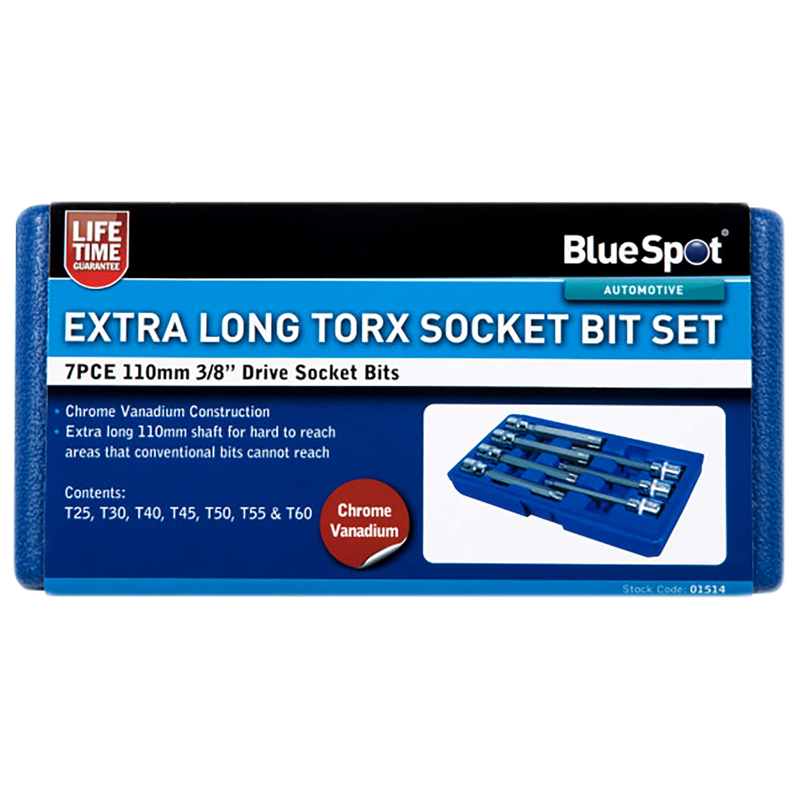 BlueSpot Torx Socket Bit Set Extra Long 7 Piece 110mm 3/8" Drive T25-T60