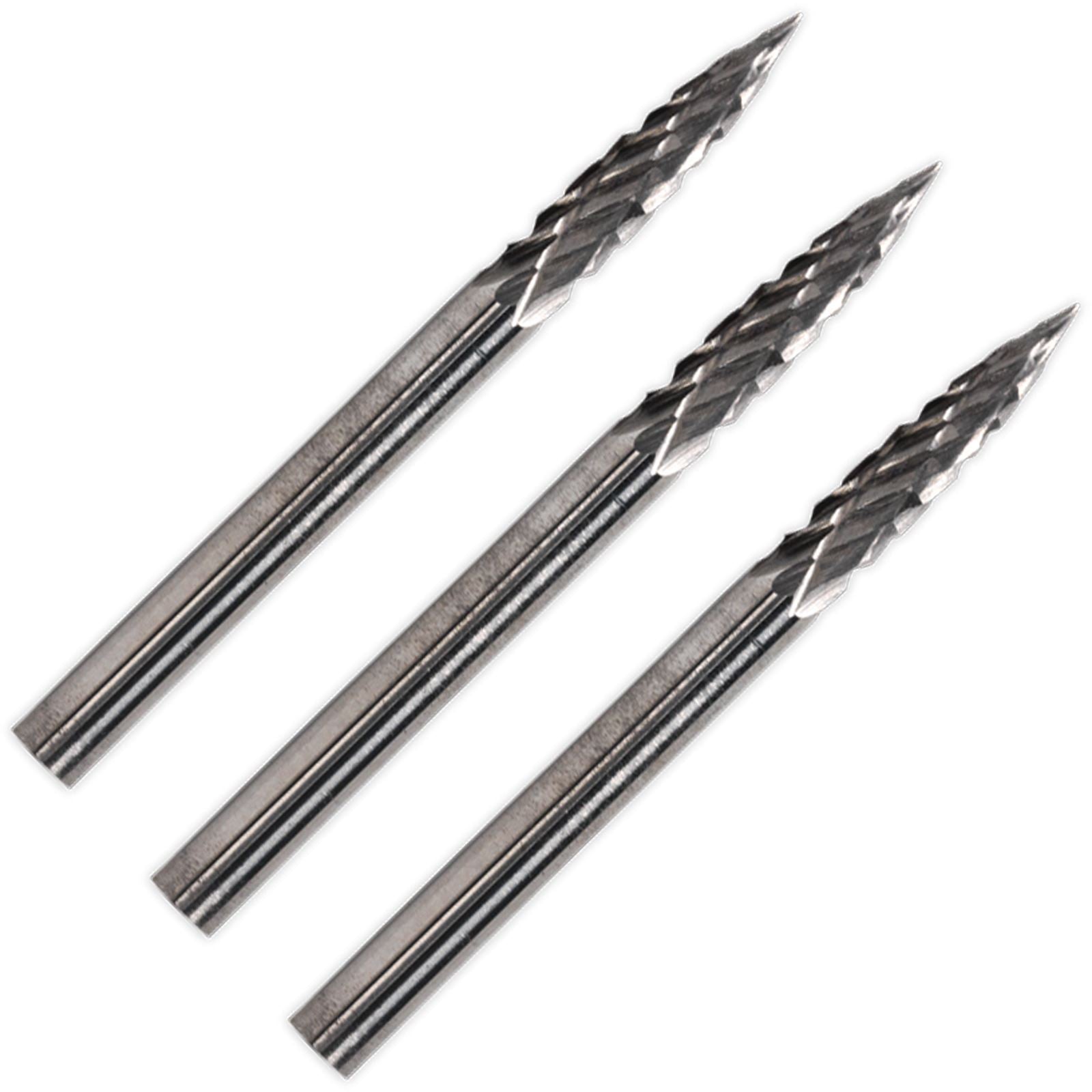 Sealey 3 Pack 3mm Pointed Tree Micro Carbide Rotary Tungsten Burr Metal Storage