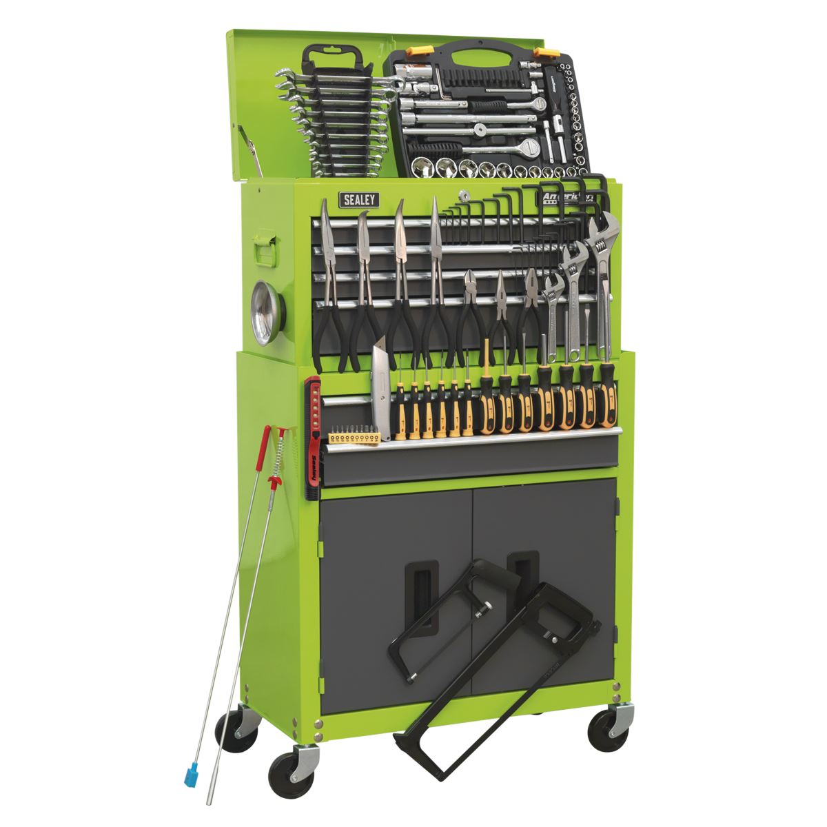 Sealey American Pro 6 Drawer Topchest & Rollcab Combination with Ball-Bearing Slides - Hi-Vis Green/Grey & 170pc Tool Kit