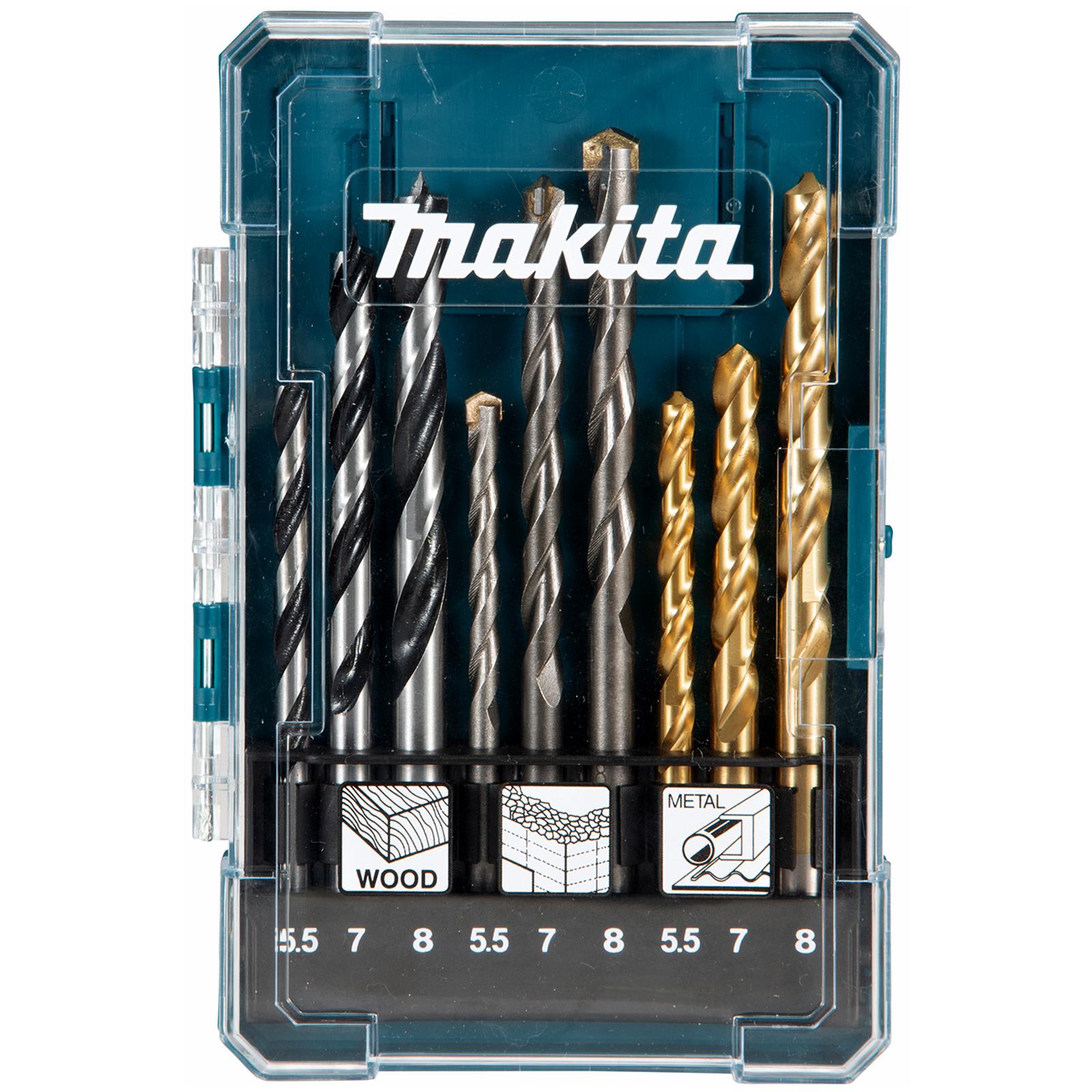 Makita Mixed Drill Bit Set in Case 9 Piece for Metal Masonry and Wood D-71978
