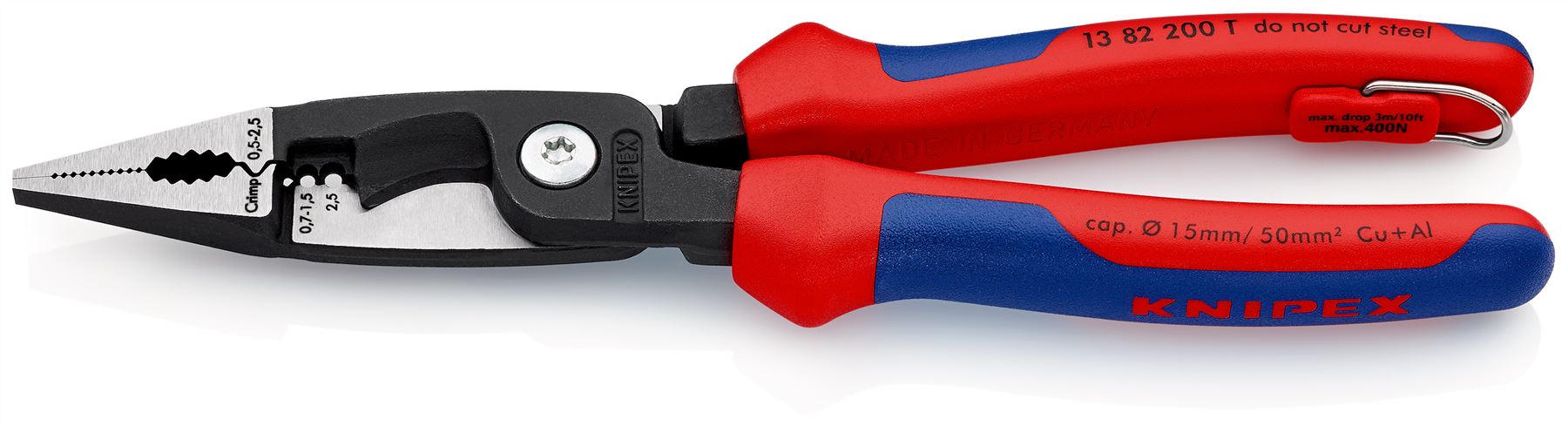 Knipex Electrical Installation Pliers 200mm Multi Component Grips with Tether Point 13 82 200 T