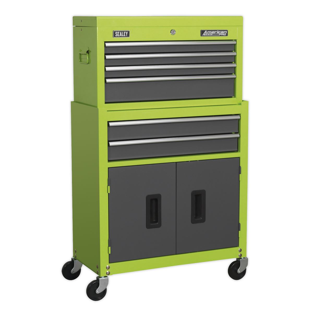Sealey American Pro Topchest & Rollcab Combination 6 Drawer with Ball-Bearing Slides - Hi-Vis Green/Grey