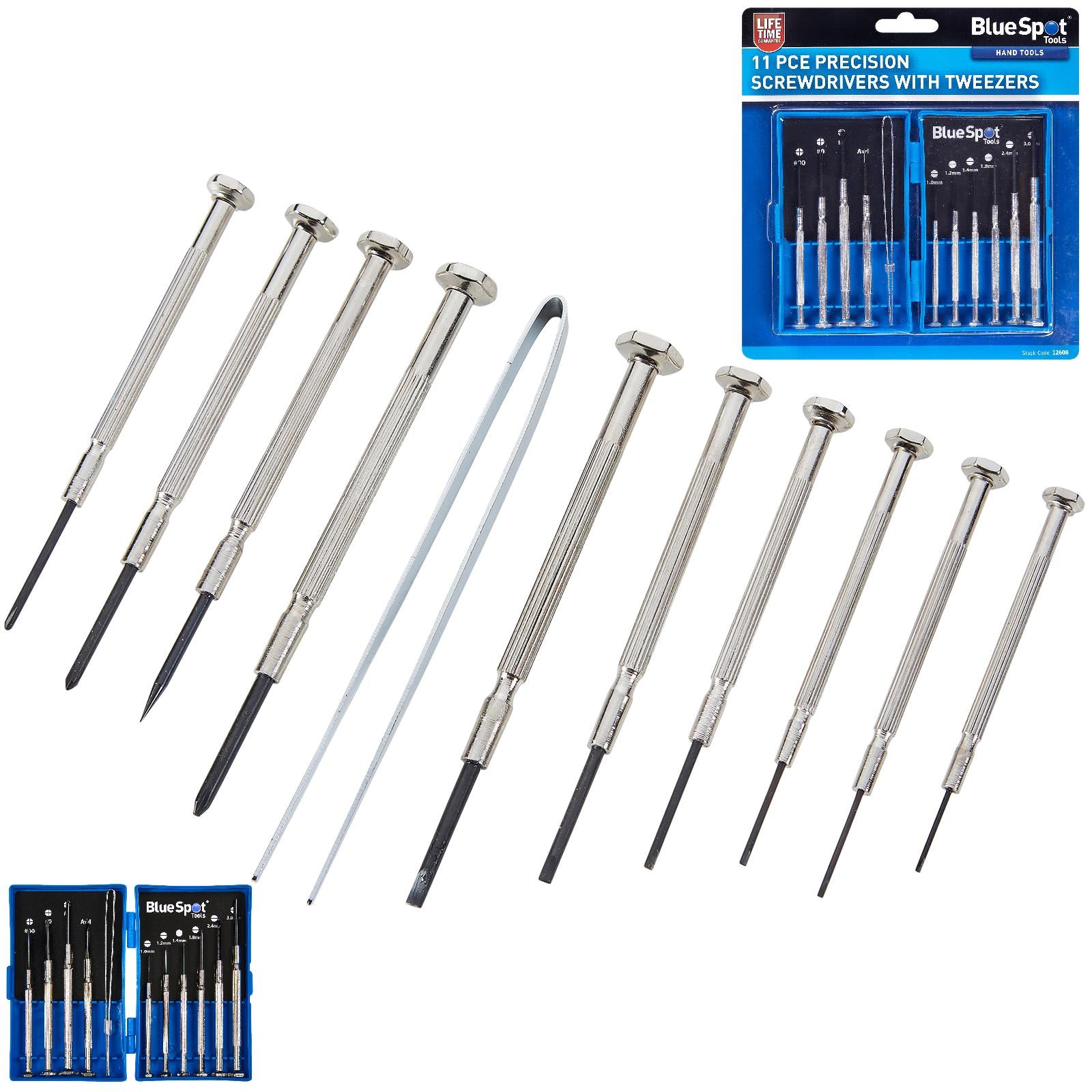 BlueSpot Precision Screwdriver Set with Tweezers 11 Piece Slotted Phillips