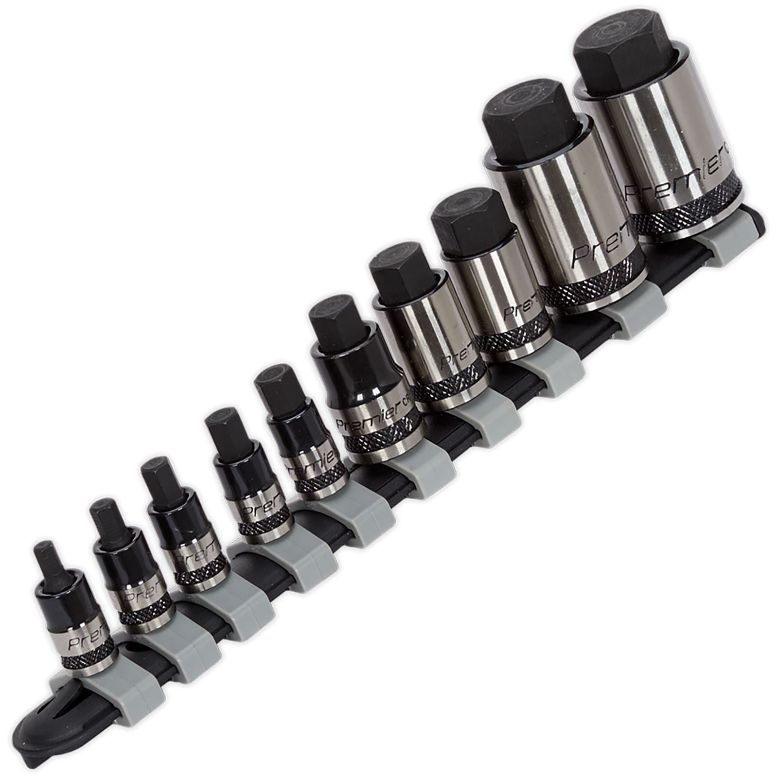 Sealey Premier Black 10 Piece 1/4" 3/8" 1/2" Drive Stubby Hex Socket Bit Set 4-19mm