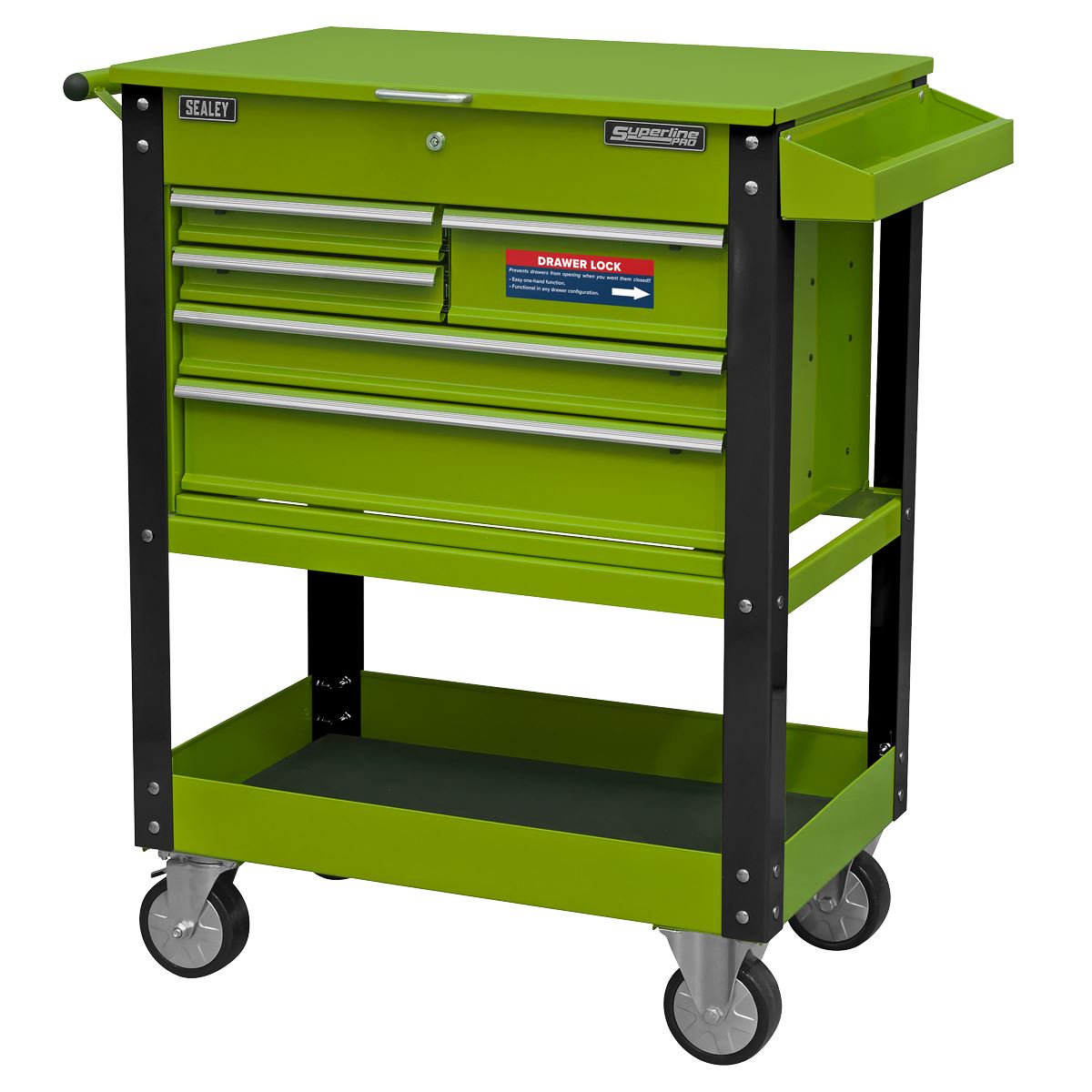 Sealey Superline Pro Heavy-Duty Mobile Tool & Parts Trolley with 5 Drawers and Lockable Top- Hi-Vis Green