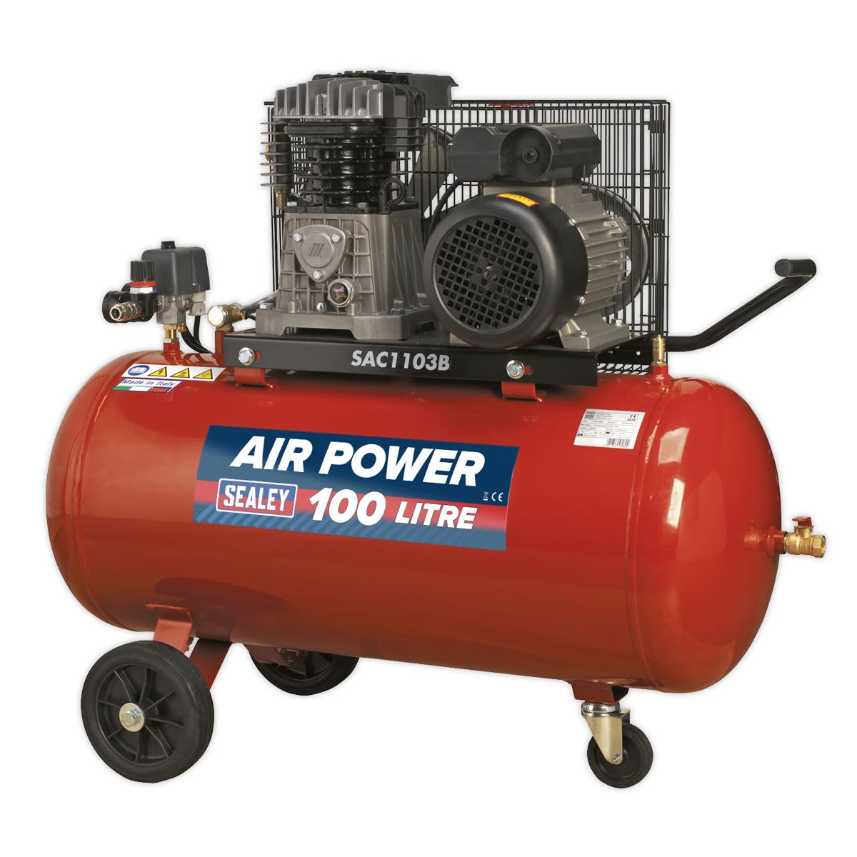 Sealey Air Compressor 100L Belt Drive 3hp with Cast Cylinders & Wheels