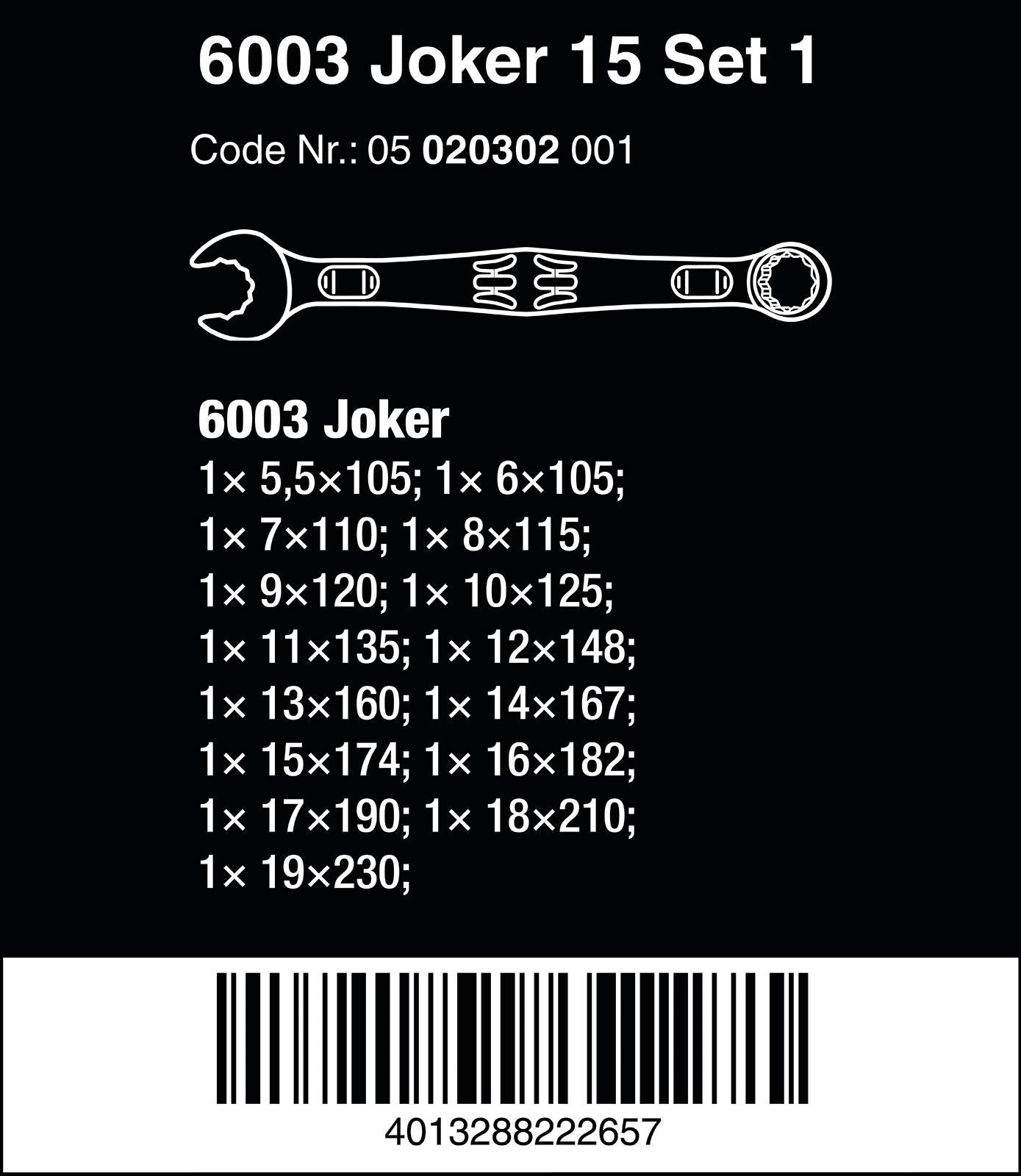 Wera Combination Spanner Wrench Set 6003 Joker 15 Set 1 Metric 15 Pieces 5.5-19mm