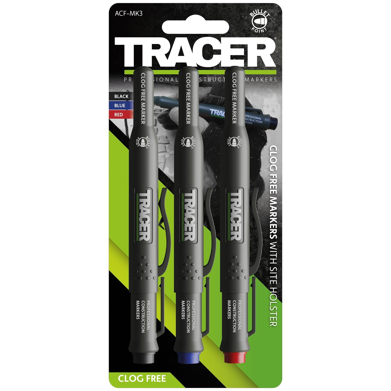 TRACER Clog Free Permanent Marker Kit 3 Piece Pack (Black Blue Red) comes with Site Holsters