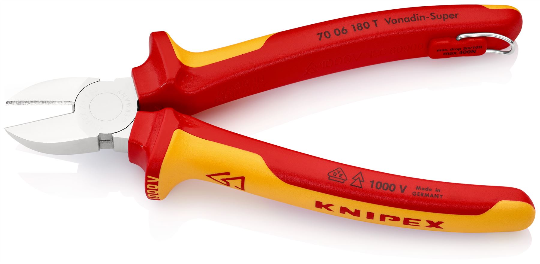 Knipex Diagonal Cutter Side Cutting Pliers 180mm Chrome VDE Insulated 1000V with Tether Point 70 06 180 T