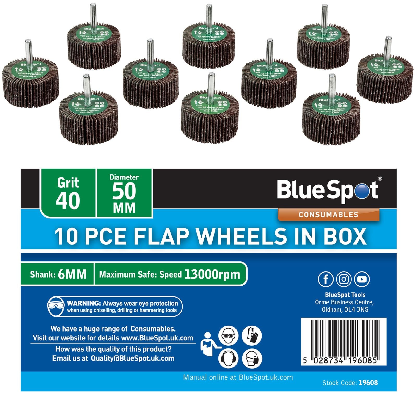 BlueSpot Flap Wheels In Box 10 Pieces 40 Grit 50mm