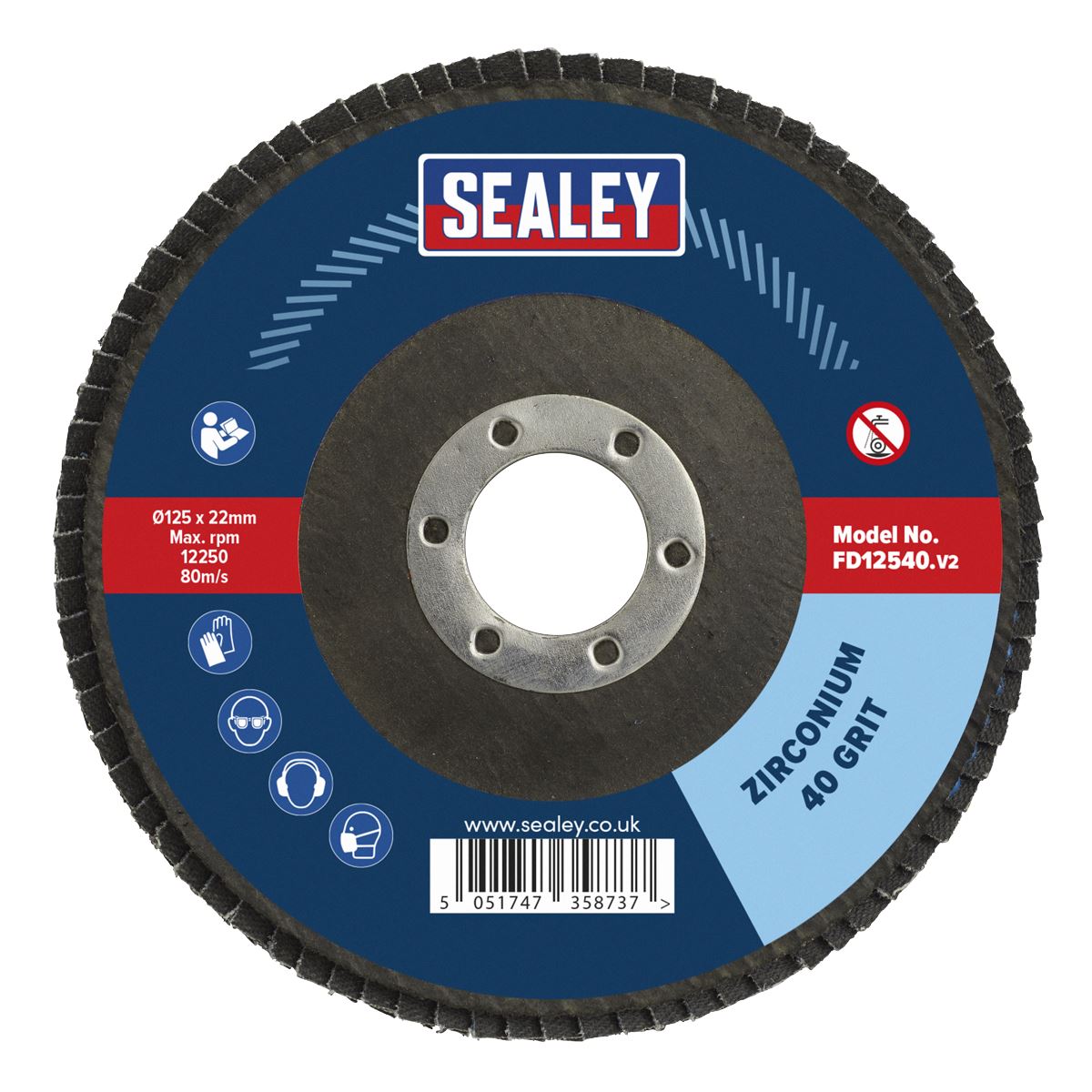 Sealey Flap Disc Zirconium Ø125mm Ø22mm Bore 40Grit
