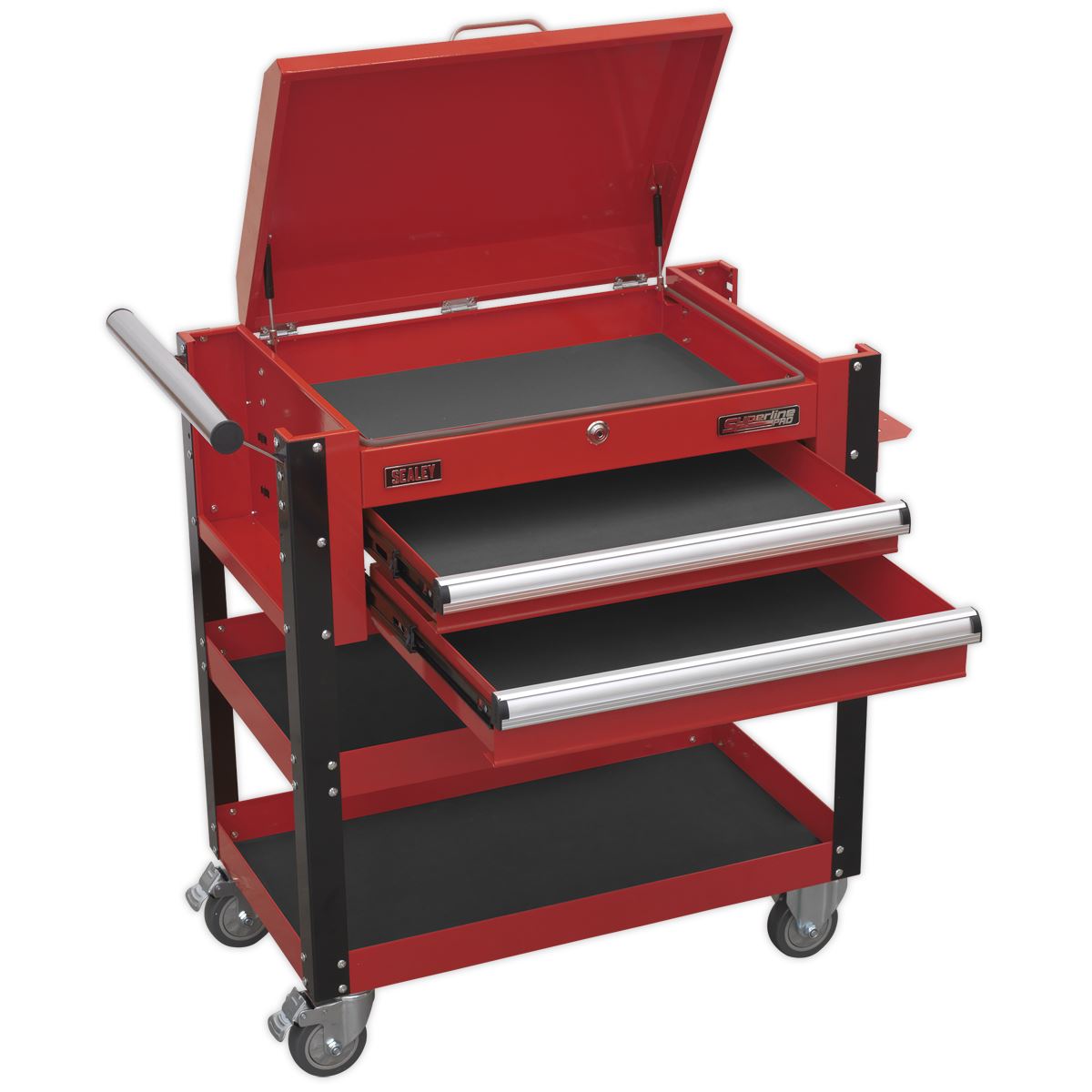 Sealey Superline Pro Heavy-Duty Mobile Tool & Parts Trolley 2 Drawers & Lockable Top - Red