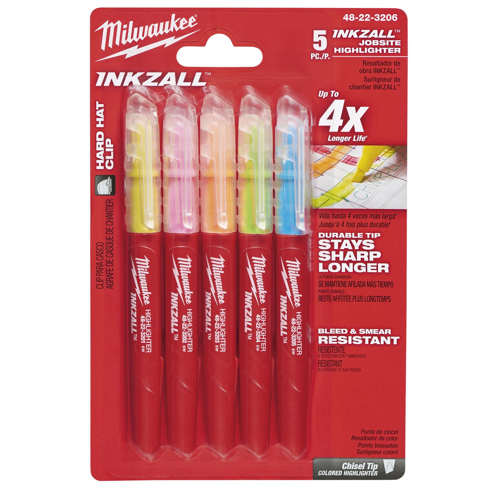 Milwaukee INKZALL Highlighters Marker Pen 5 Piece Coloured