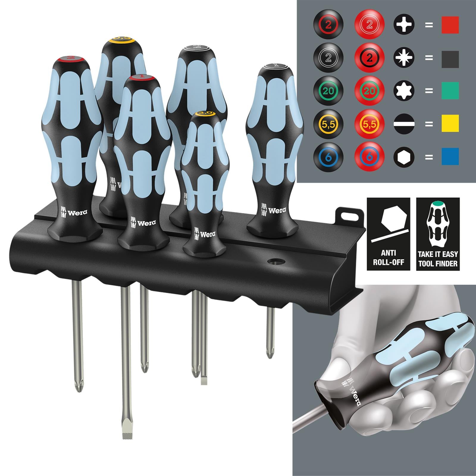 Wera Screwdriver Set Stainless Steel in Rack 6 Piece 3334/3350/3355/6 Phillips Pozi Slotted
