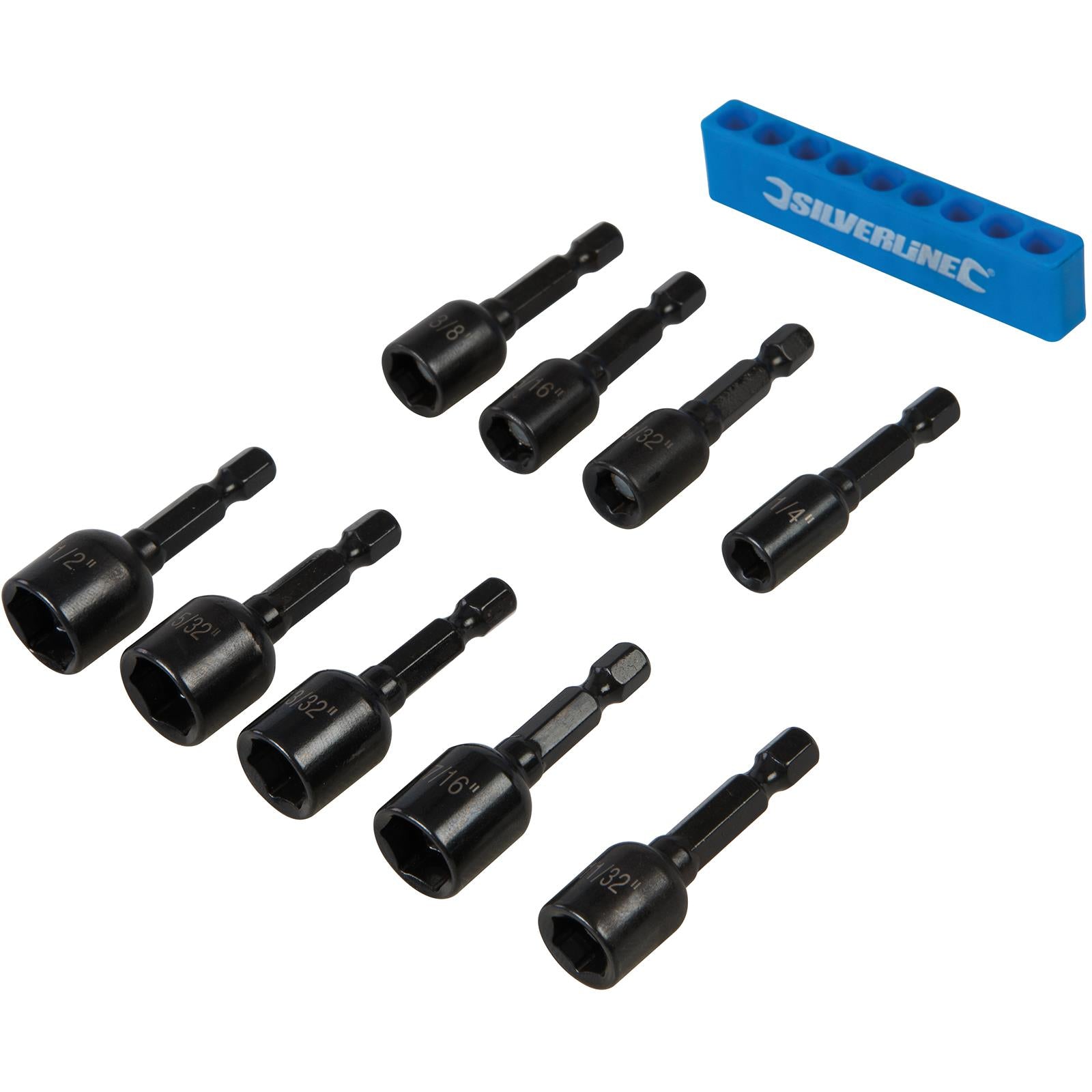 Silverline 9 Piece Imperial Magnetic Nut Driver Set 1/4"-1/2" Hex Drill Socket Adaptor