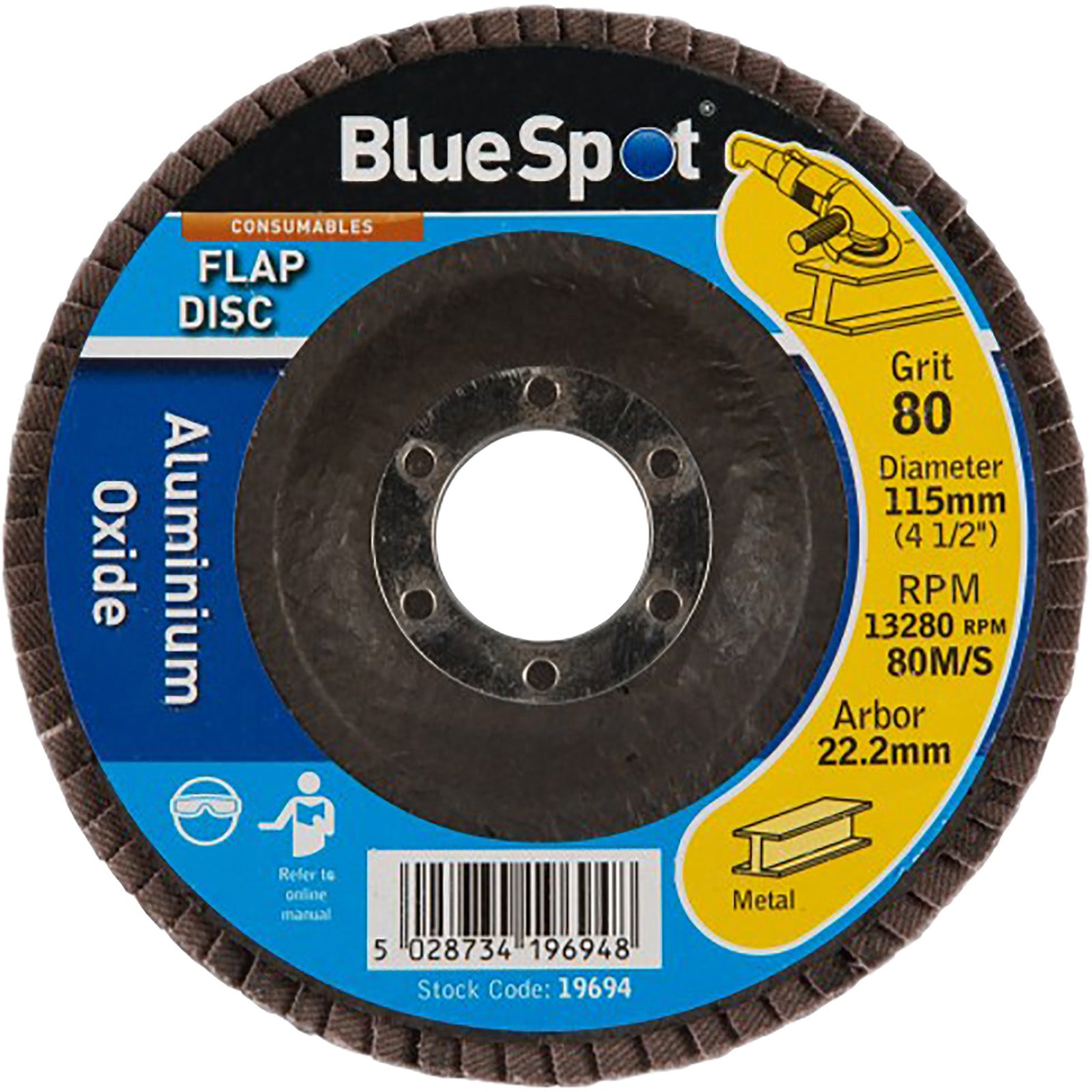 BlueSpot 115mm Aluminium Oxide Flap Sanding Discs 40-120 Grit