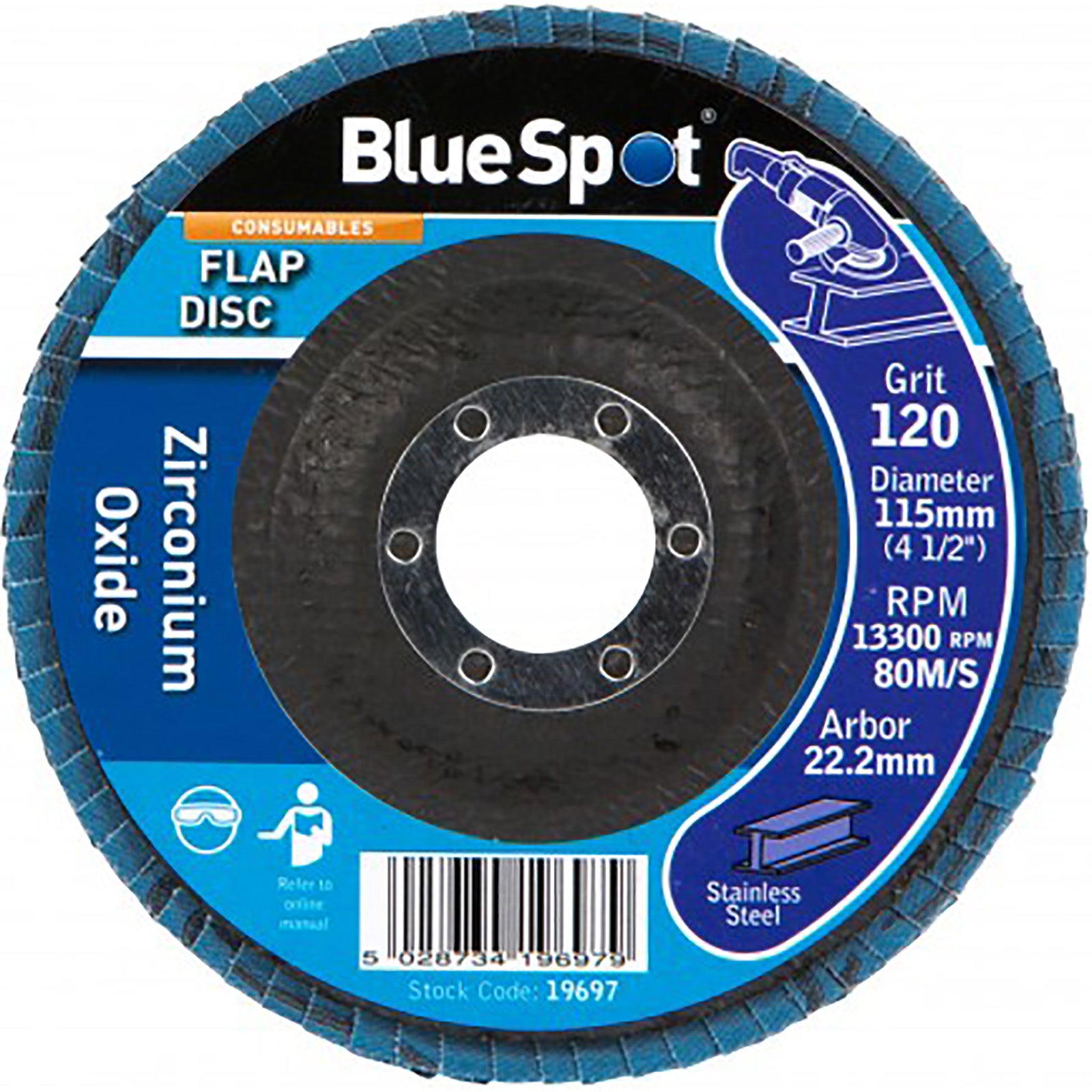 BlueSpot 115mm Zirconium Oxide Flap Sanding Discs 40-120 Grit