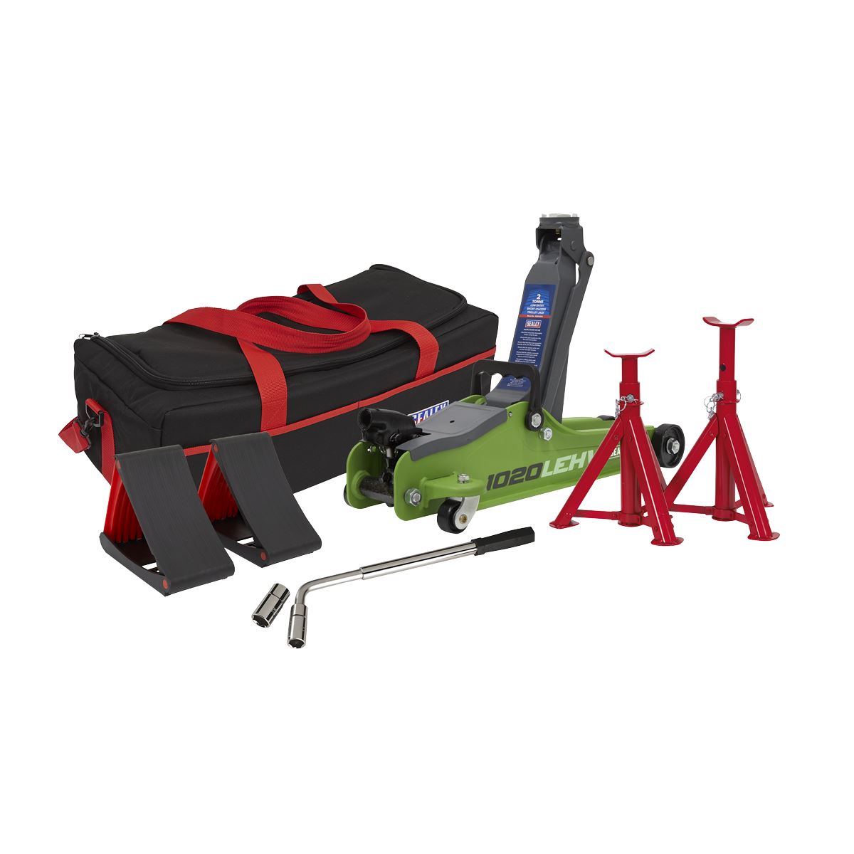 Sealey Trolley Jack 2 Tonne Low Entry Short Chassis & Accessories Bag Combo - Hi-Vis Green