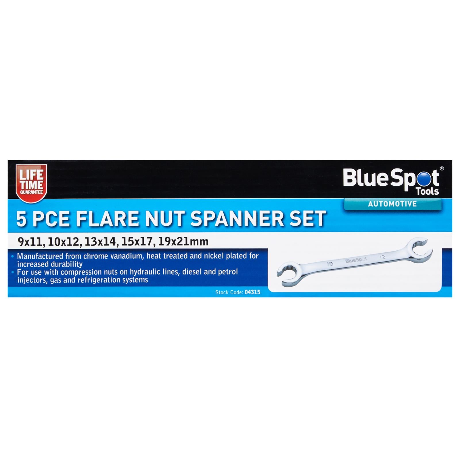 BlueSpot Brake Pipe Flare Nut Spanner Set 9-21mm 5 Piece