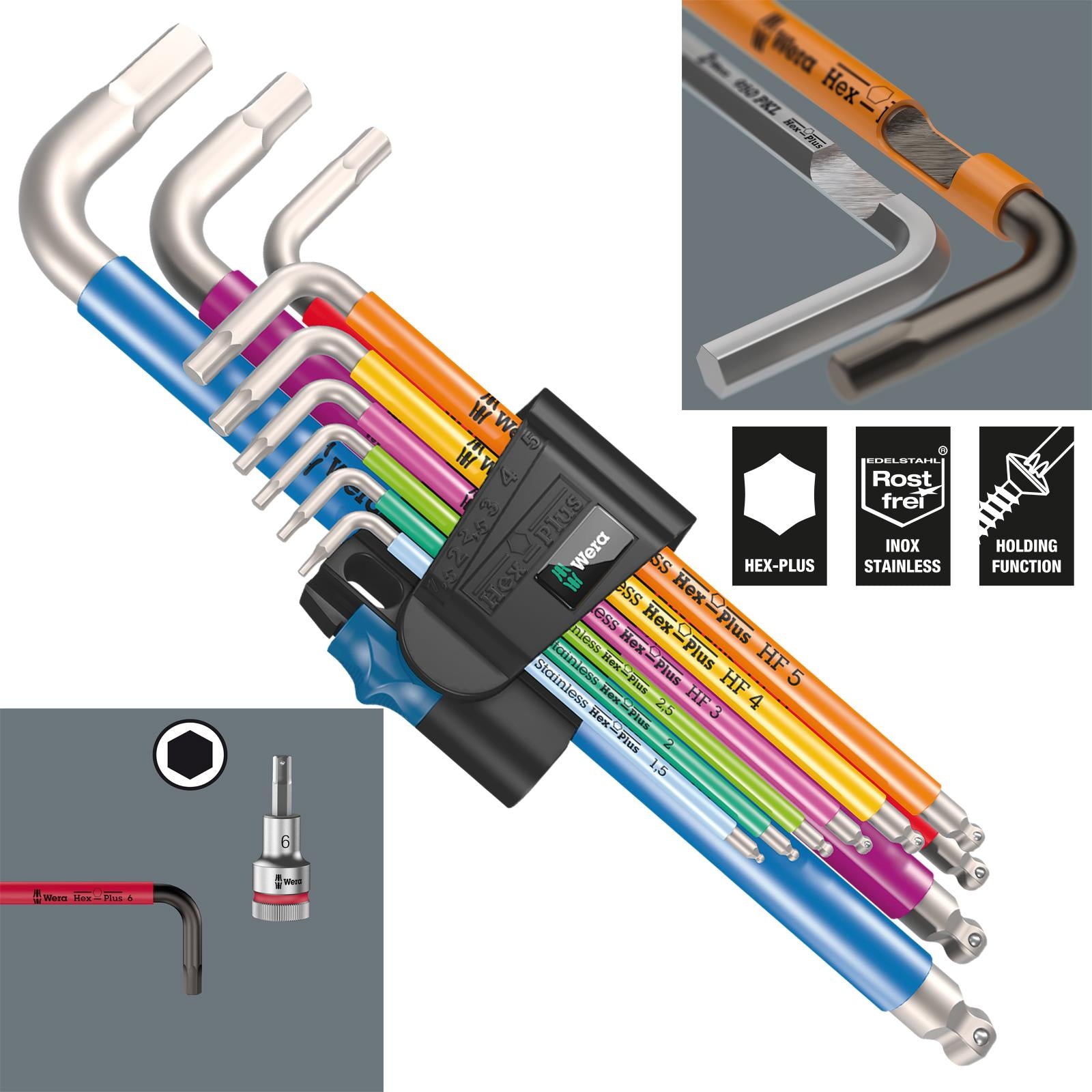 Wera Hex Key Set 3950/9 Multicolour HF Stainless Steel 1 L-Key Metric Holding Function 9 Piece 1.5-10mm