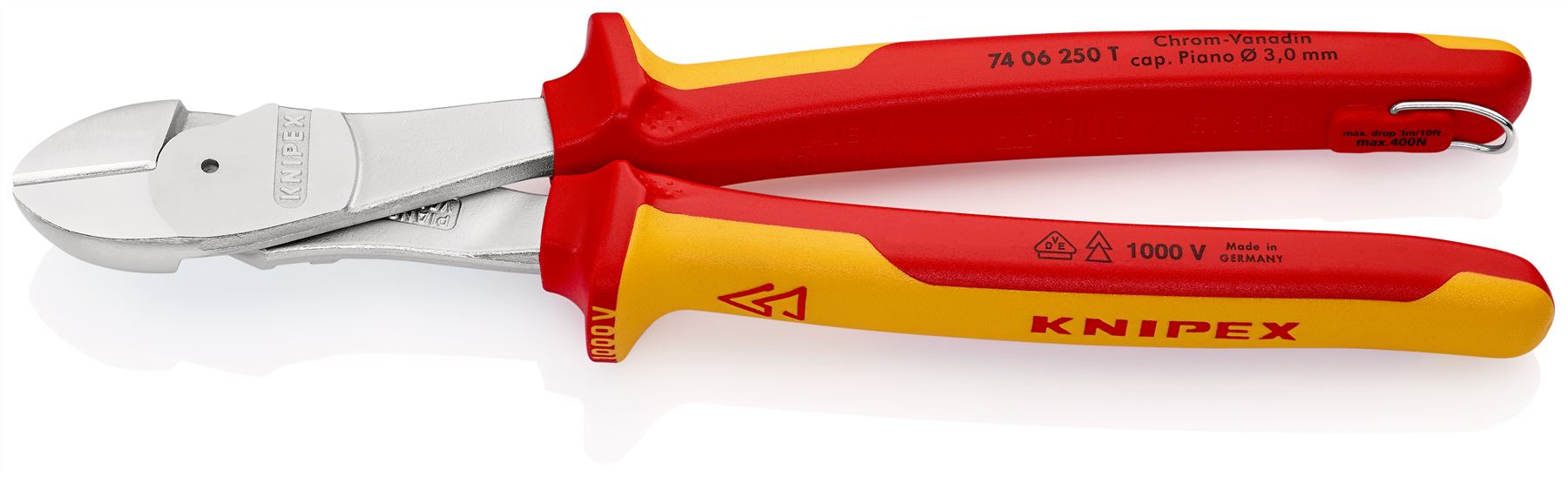 Knipex High Leverage Diagonal Cutter 250mm VDE Insulated 1000V with Tether Point 74 06 250 T