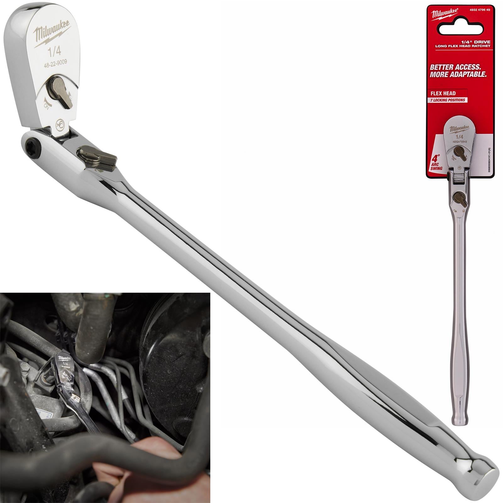 Milwaukee Socket Ratchet Wrench Long Flexible Head 1/4" Drive 90 Tooth Slim Profile Head