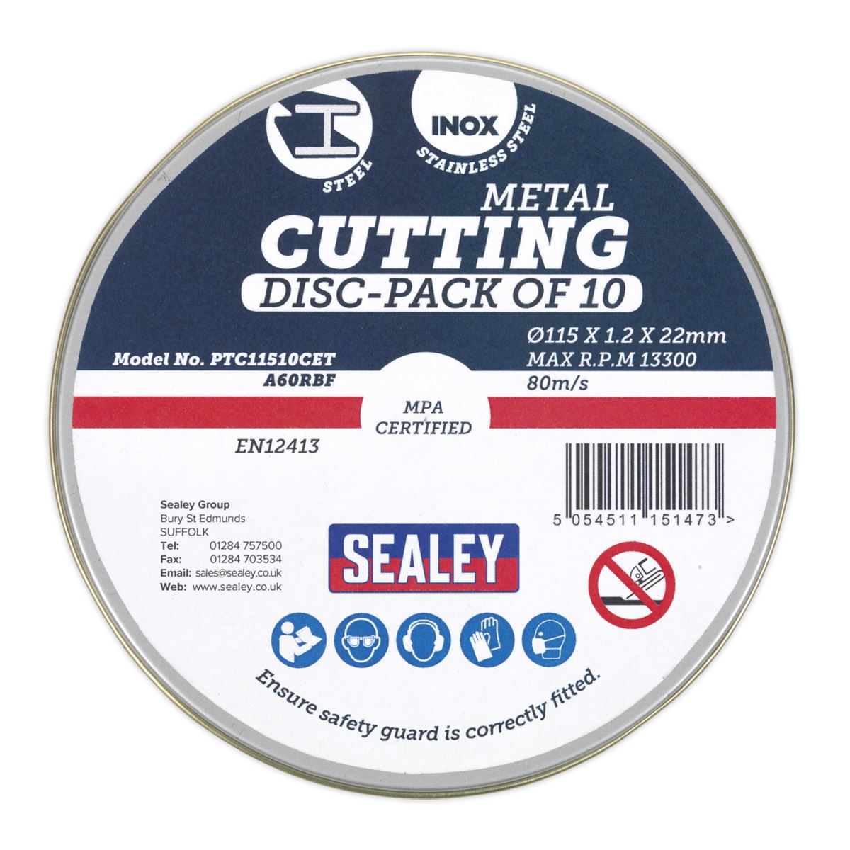 Sealey 10 Pack 115 x 1.2mm Stainless Steel Metal Cutting Discs in Tin Slitting Tinned