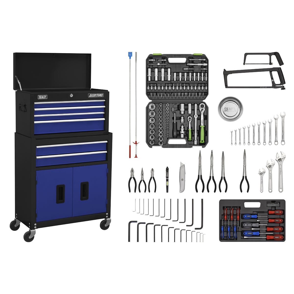 Sealey American Pro Topchest & Rollcab Combination 6 Drawer with Ball-Bearing Slides - Blue/Black & 170pc Tool Kit