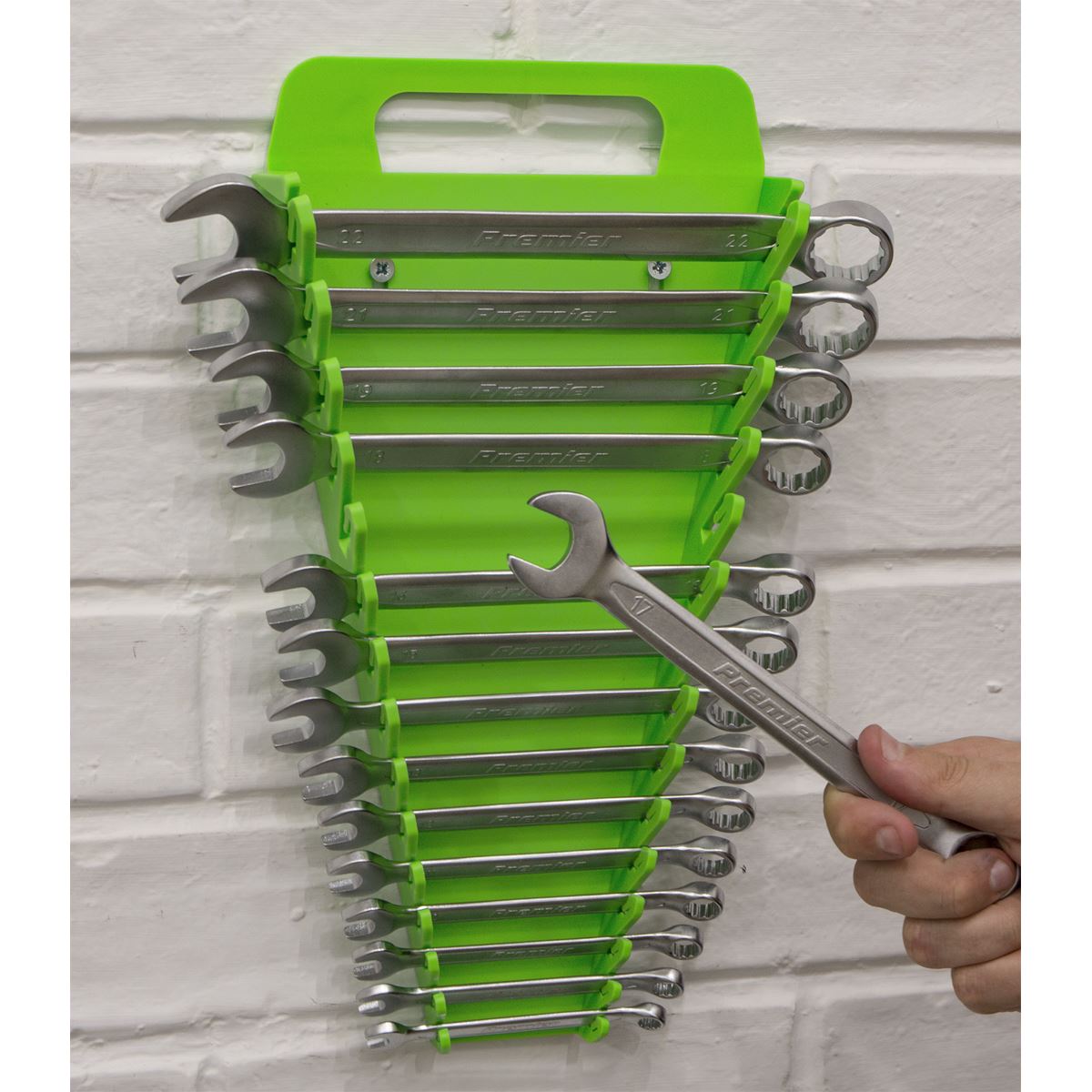 Sealey Premier High Visibility Green Spanner Rack 15 Capacity Hanging Toolbox