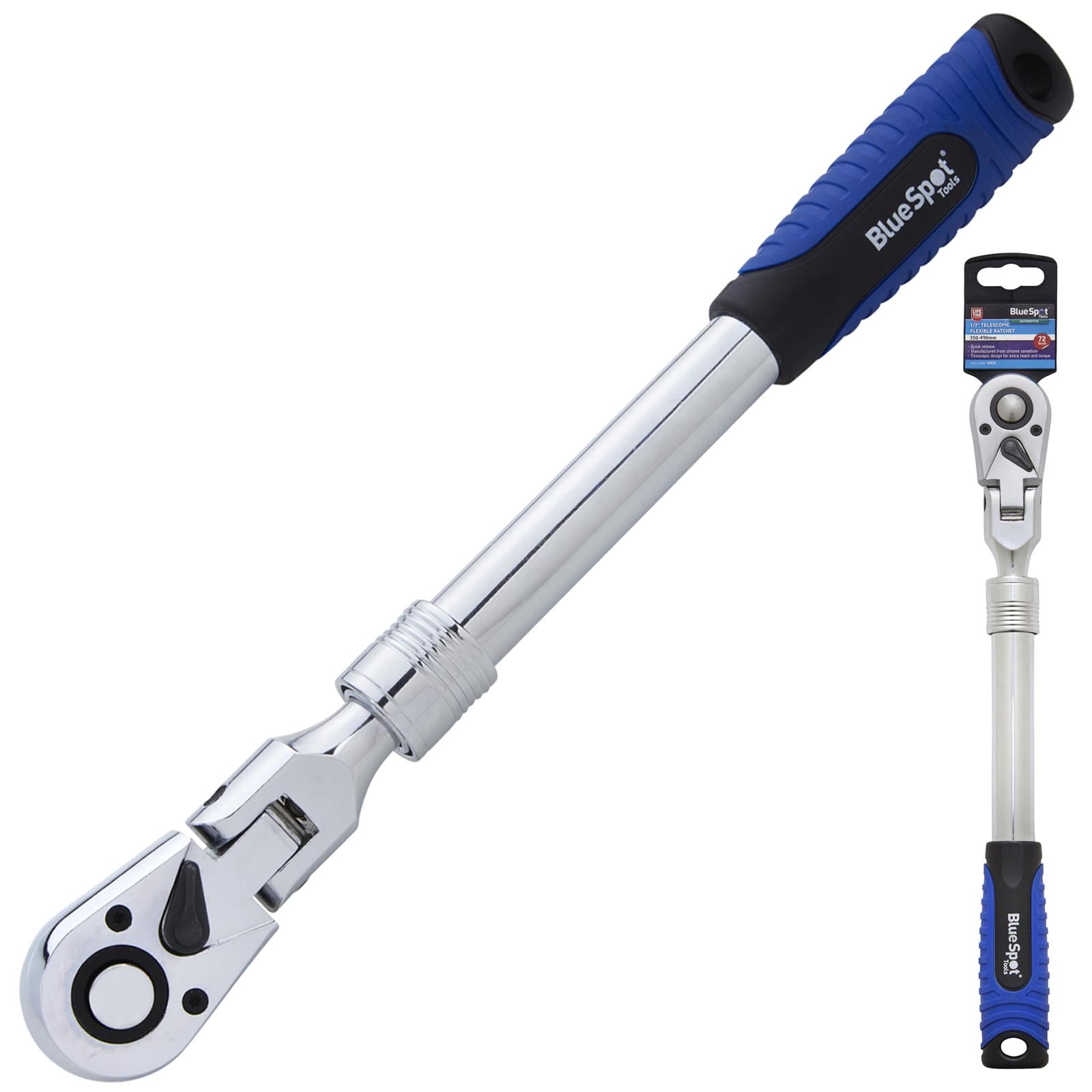 BlueSpot Ratchet Handle Socket Wrench Telescopic Flexi Head 1/2" Drive 350-490mm 72 Tooth