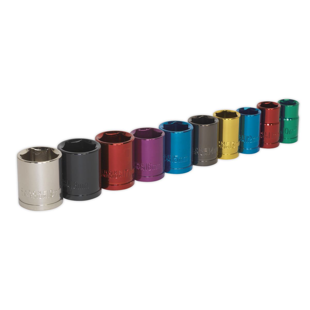 Sealey 10 Piece 3/8" Drive Coloured Socket Set 10-19mm Hex WallDrive