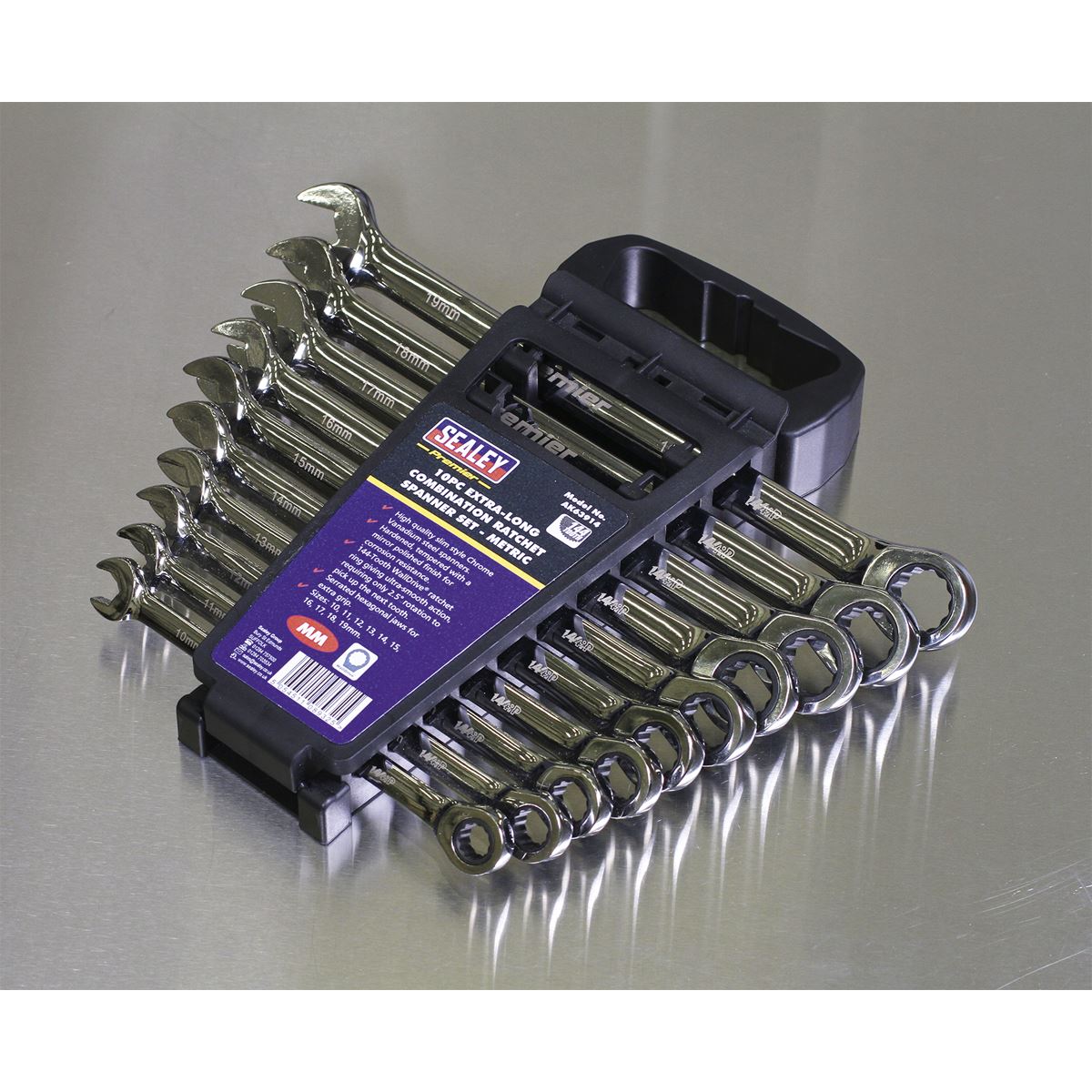 Sealey Premier Combination Ratchet Spanner Set 10pc Extra-Long Metric