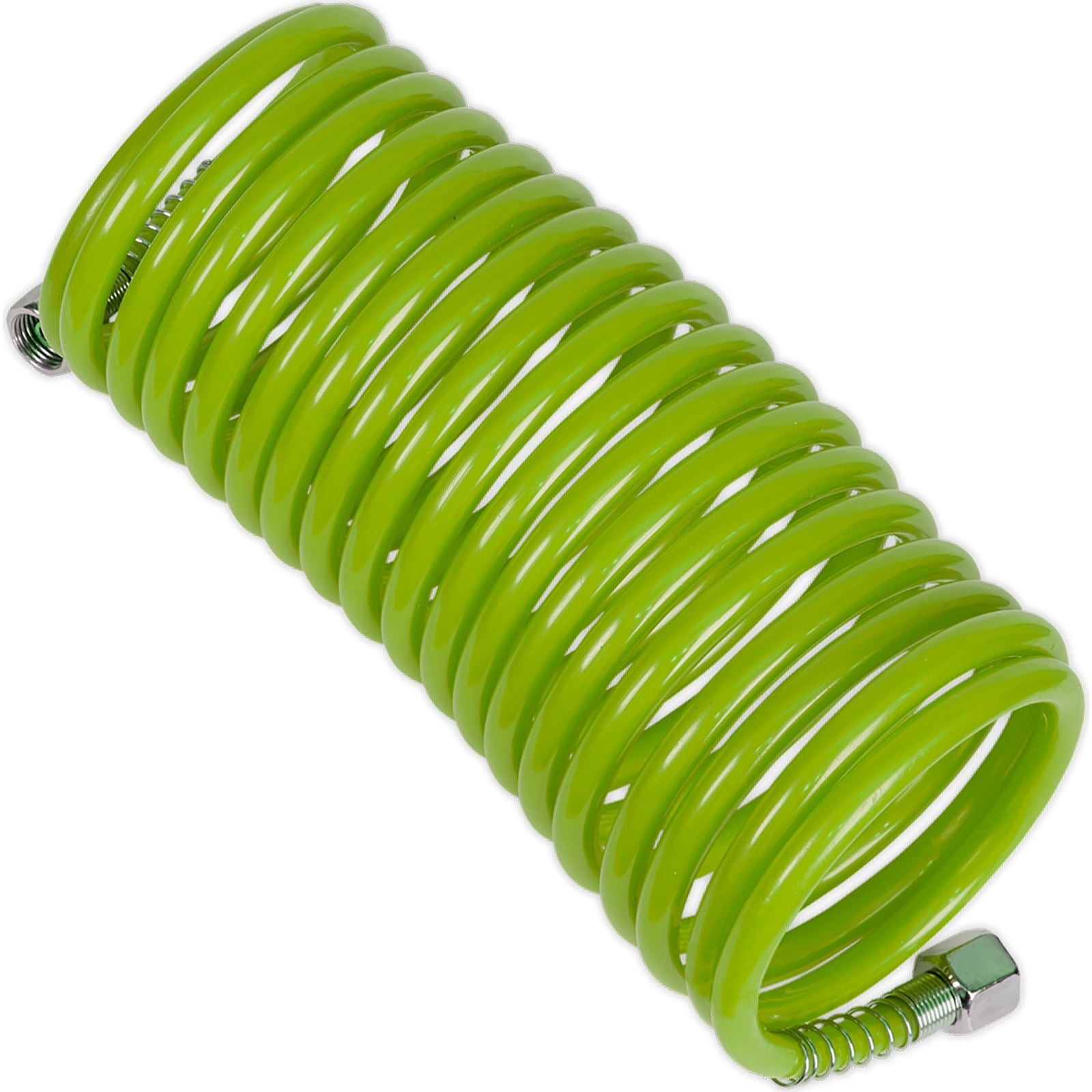 Sealey Hi-Vis Green 5m x Ø5mm Coiled Air Hose With 1/4" Female Couplers Recoil
