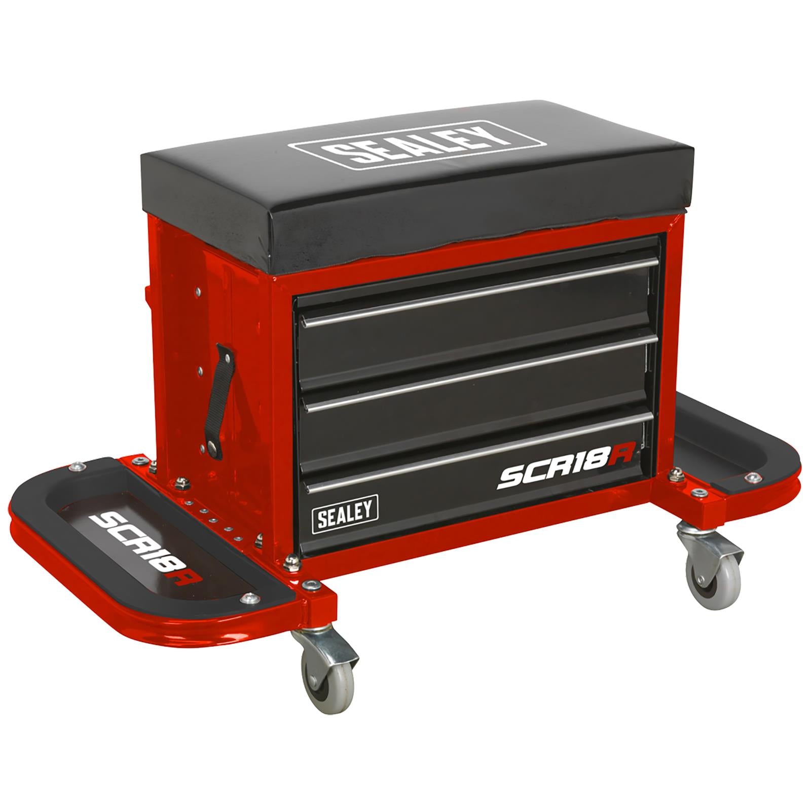 Sealey Mechanics Rolling Utility Seat and Toolbox with Drawers Red