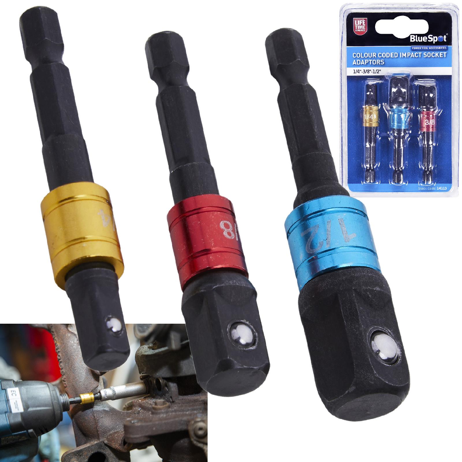 BlueSpot Colour Coded Impact Socket Adaptors (1/4"-3/8"-1/2")