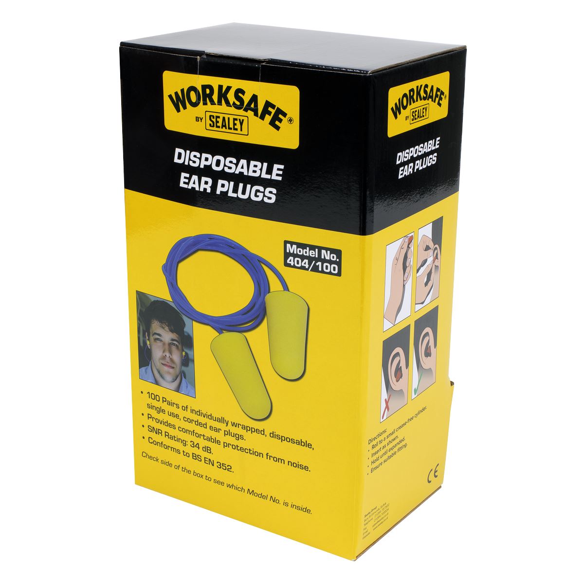 Worksafe by Sealey Ear Plugs Disposable Corded Pack of 100 Pairs