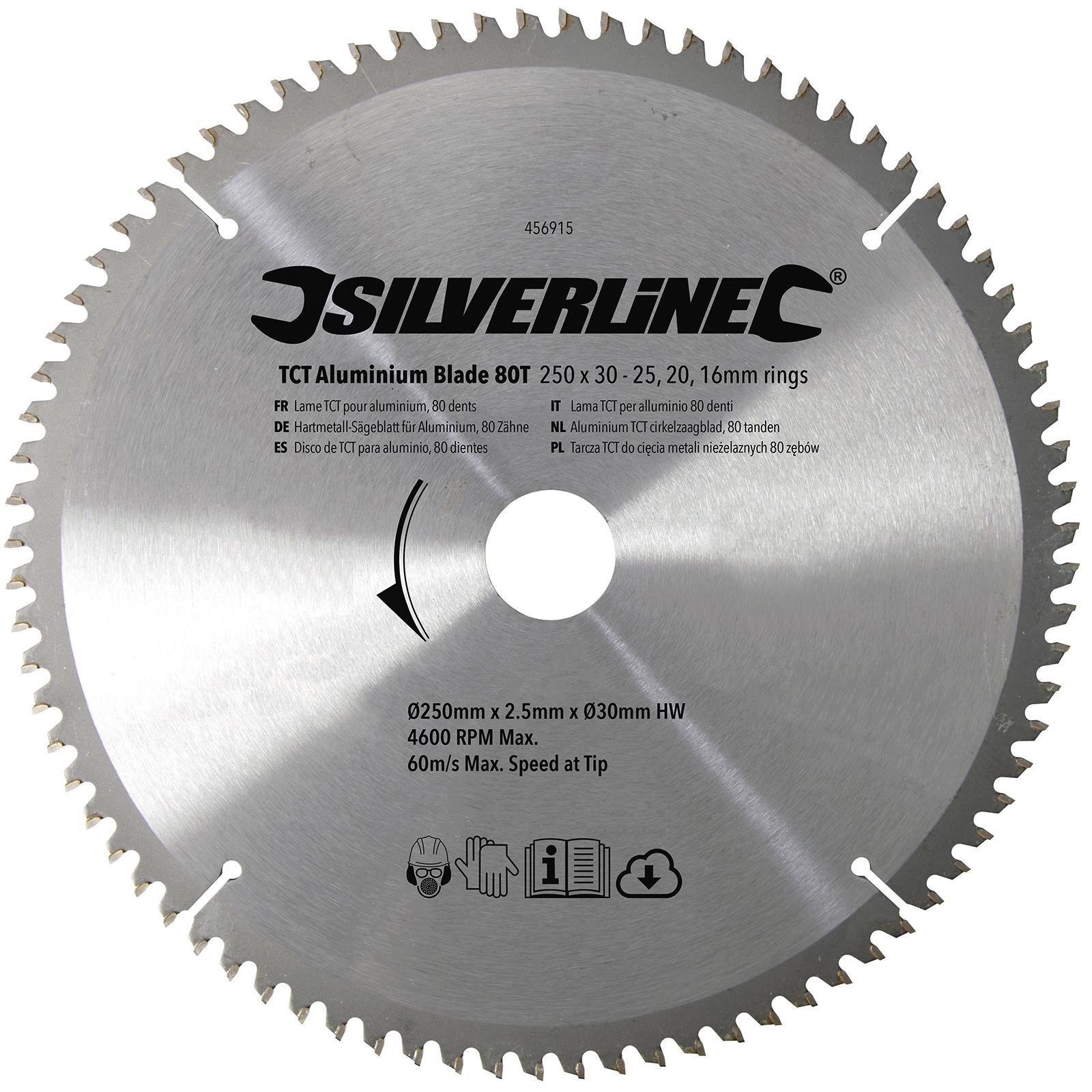 Silverline TCT Aluminium Circular Saw Blade 80T 250 x 30mm - 25 20 16mm Rings