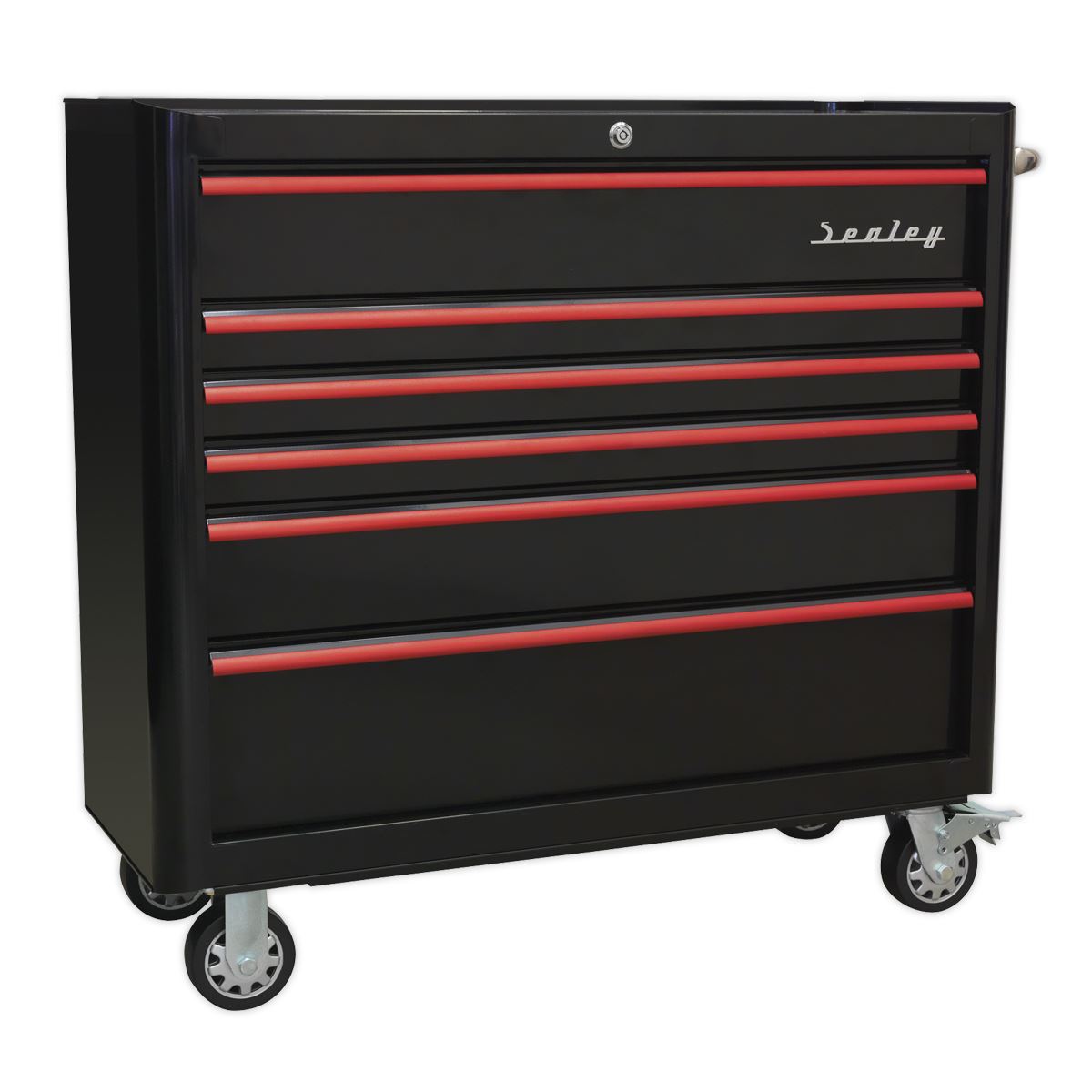 Sealey Premier Rollcab 6 Drawer Wide Retro Style - Black with Red Anodised Drawer Pulls