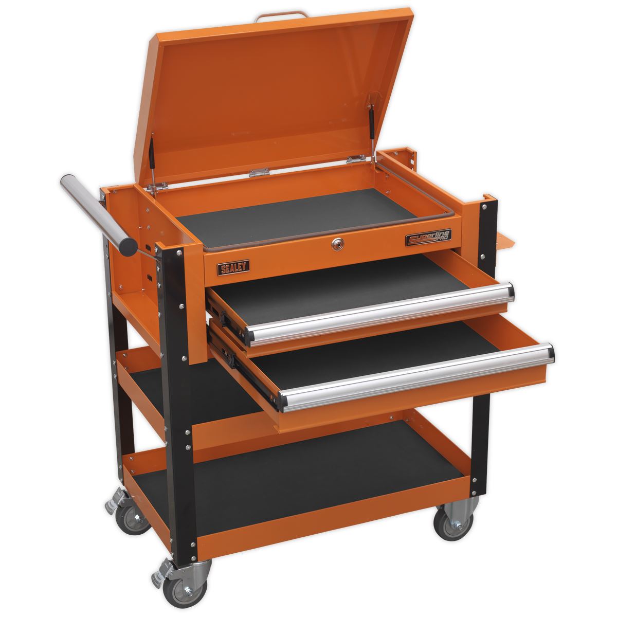 Sealey Superline Pro Heavy-Duty Mobile Tool & Parts Trolley 2 Drawers & Lockable Top - Orange