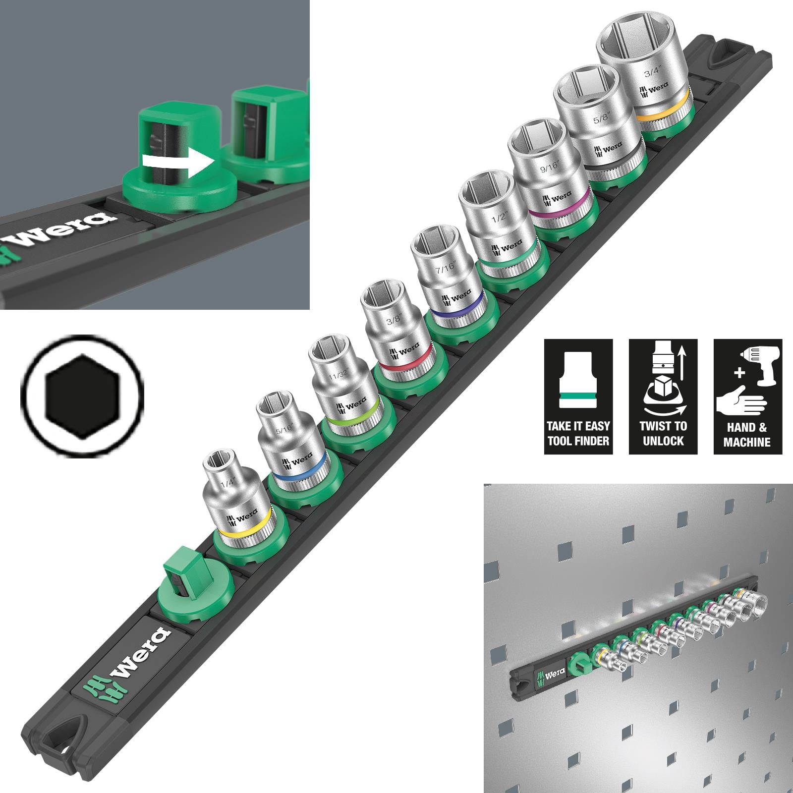 Wera Socket Set 3/8" Drive on Magnetic Socket Rail B Imperial 1 Zyklop 9 Pieces 1/4" to 3/4