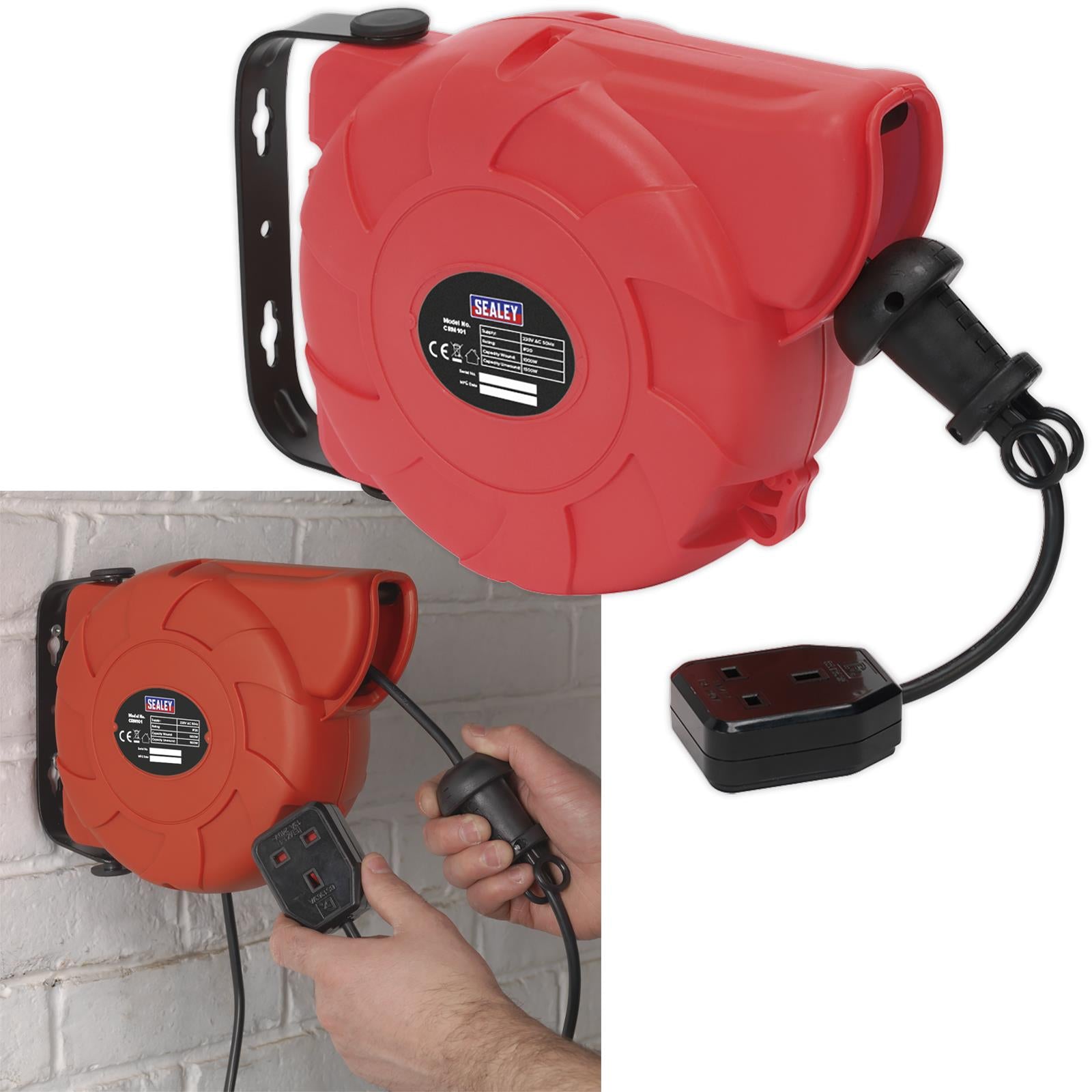 Sealey Cable Reel System Retractable 10m 1 x 230V Socket Outlet Extension