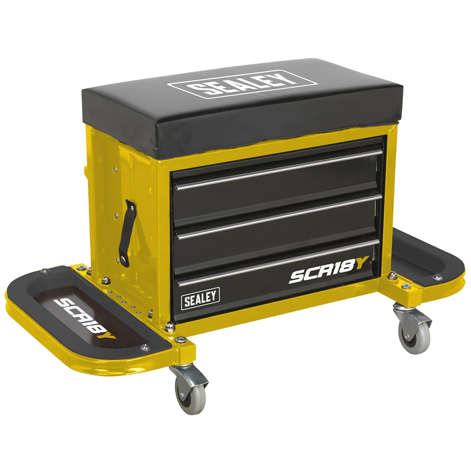 Sealey Mechanics Rolling Utility Seat and Toolbox with Drawers Yellow
