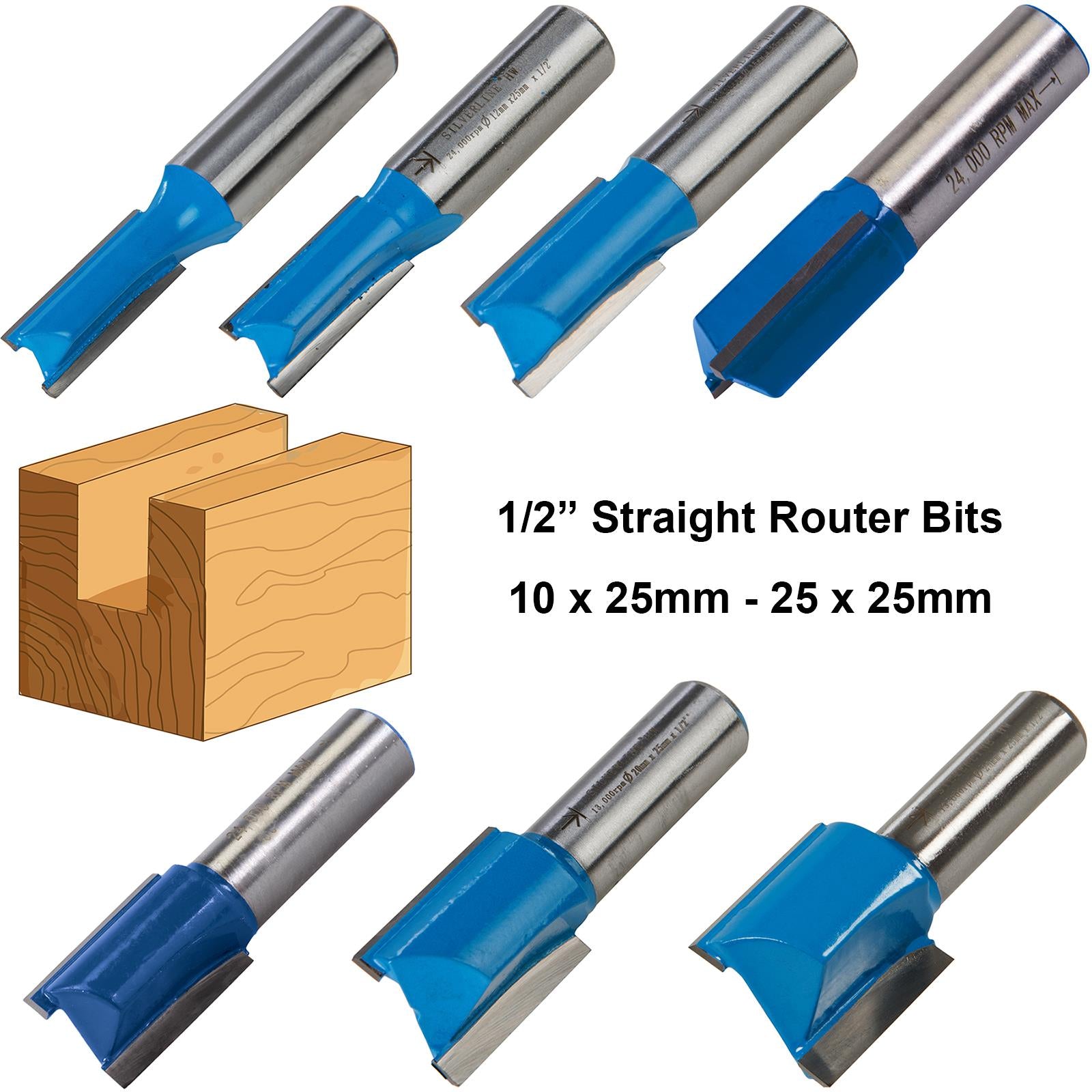Silverline 1/2" Shank TCT Straight Metric Cutter Router Bits