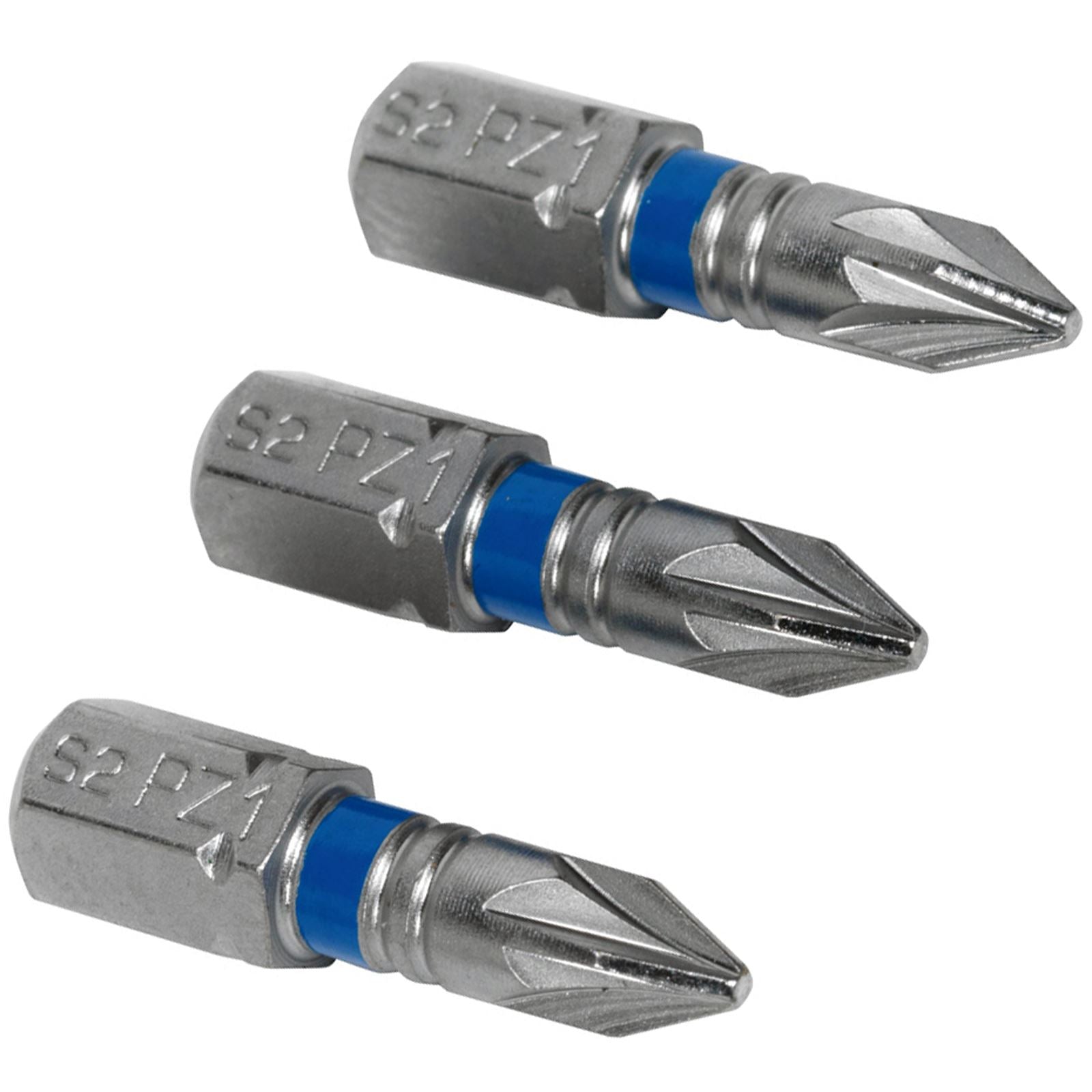 Sealey Screwdriver Bits Colour Coded S2 Steel 3 Pack Pozi Phillips Slotted 25mm 75mm