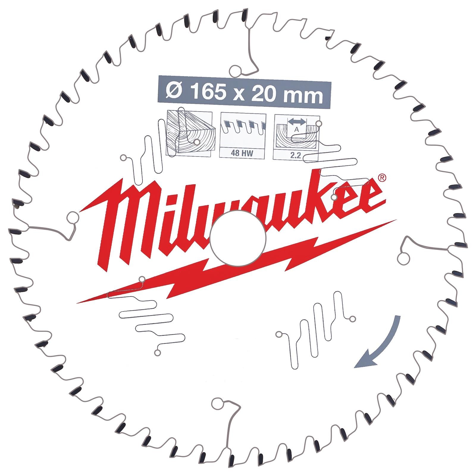 Milwaukee Circular Saw Blade for Wood Clean Cut 165mm x 20mm Bore x 2.2mm Width 48T ATB